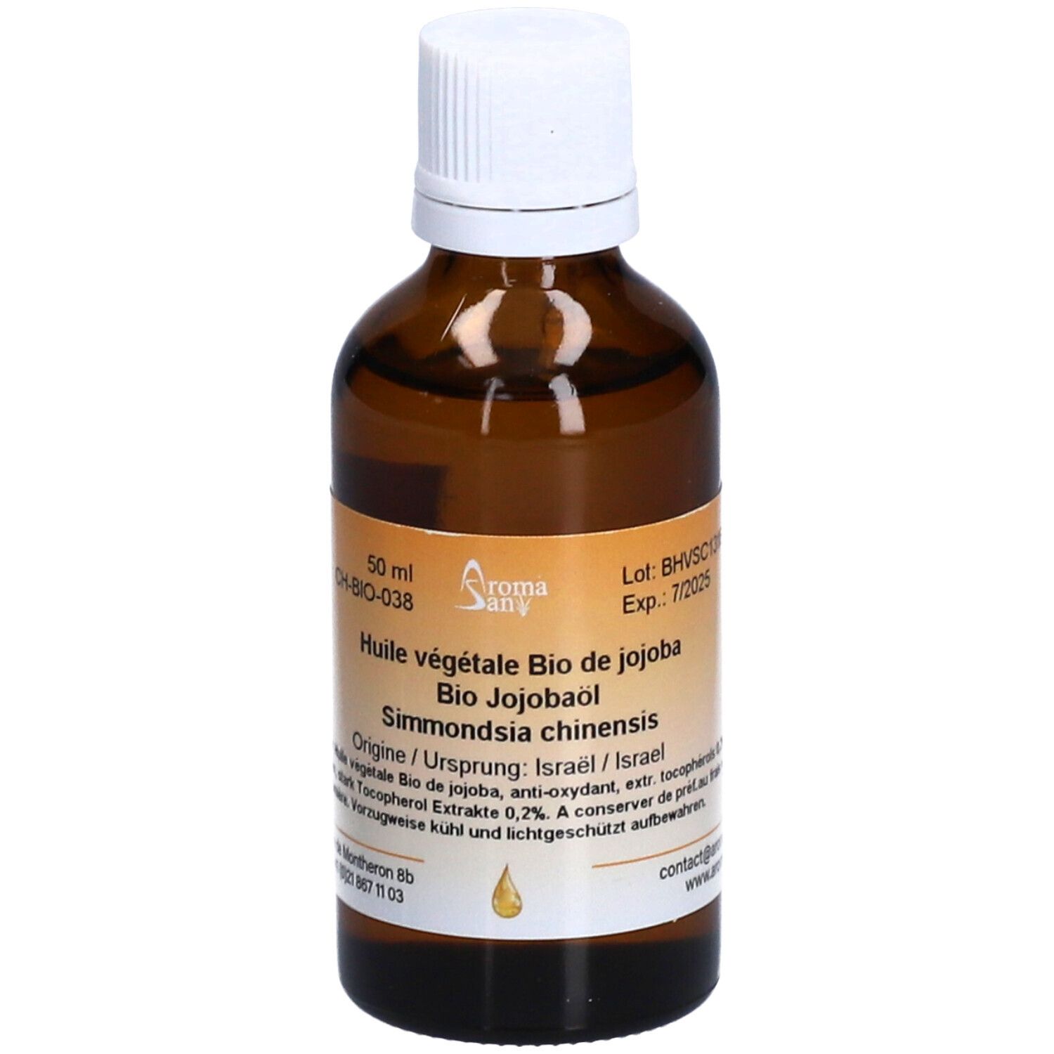 Flacon en verre brun avec bouchon blanc. Étiquette avec informations produit. Symbole goutte. 50 ml.