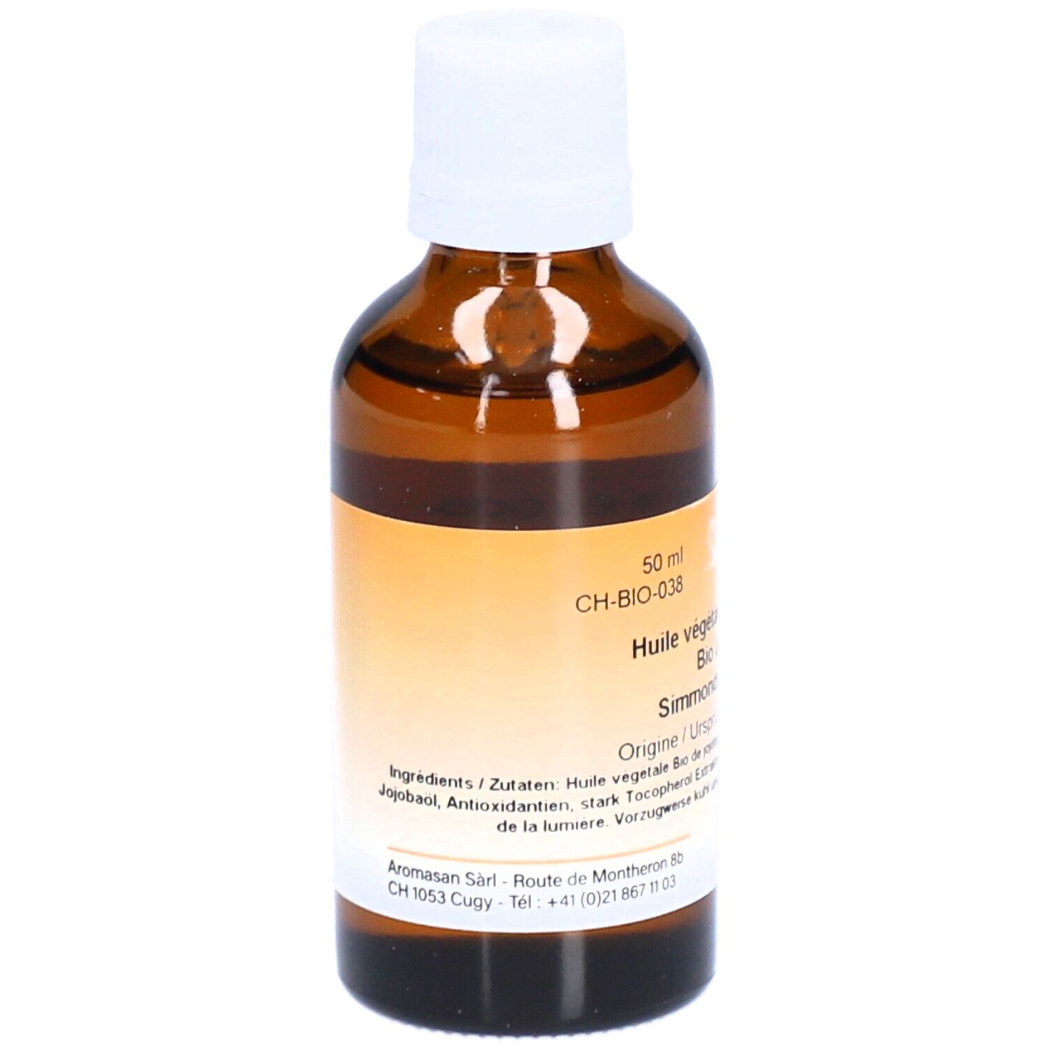 Flacon en verre brun avec bouchon blanc. Étiquette avec informations produit. 50 ml. Texte: Ingrédients, origine, tocophérol.