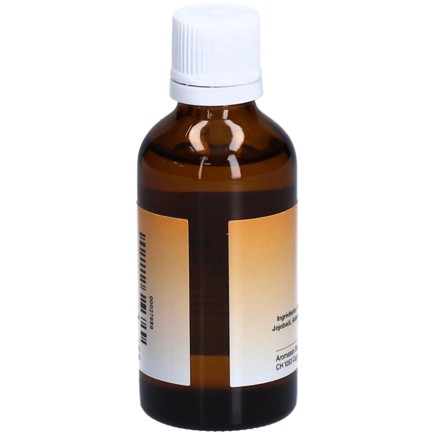 Flacon en verre brun avec bouchon blanc. Étiquette avec informations produit. 50 ml. Texte: Ingrédients, origine, tocophérol.