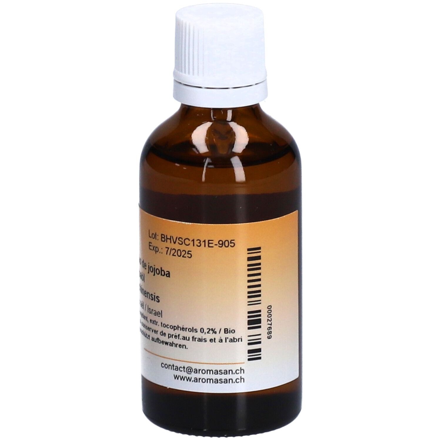 Flacon en verre brun avec bouchon blanc. Étiquette avec informations produit. 50 ml. Texte: Date de péremption, numéro de lot.