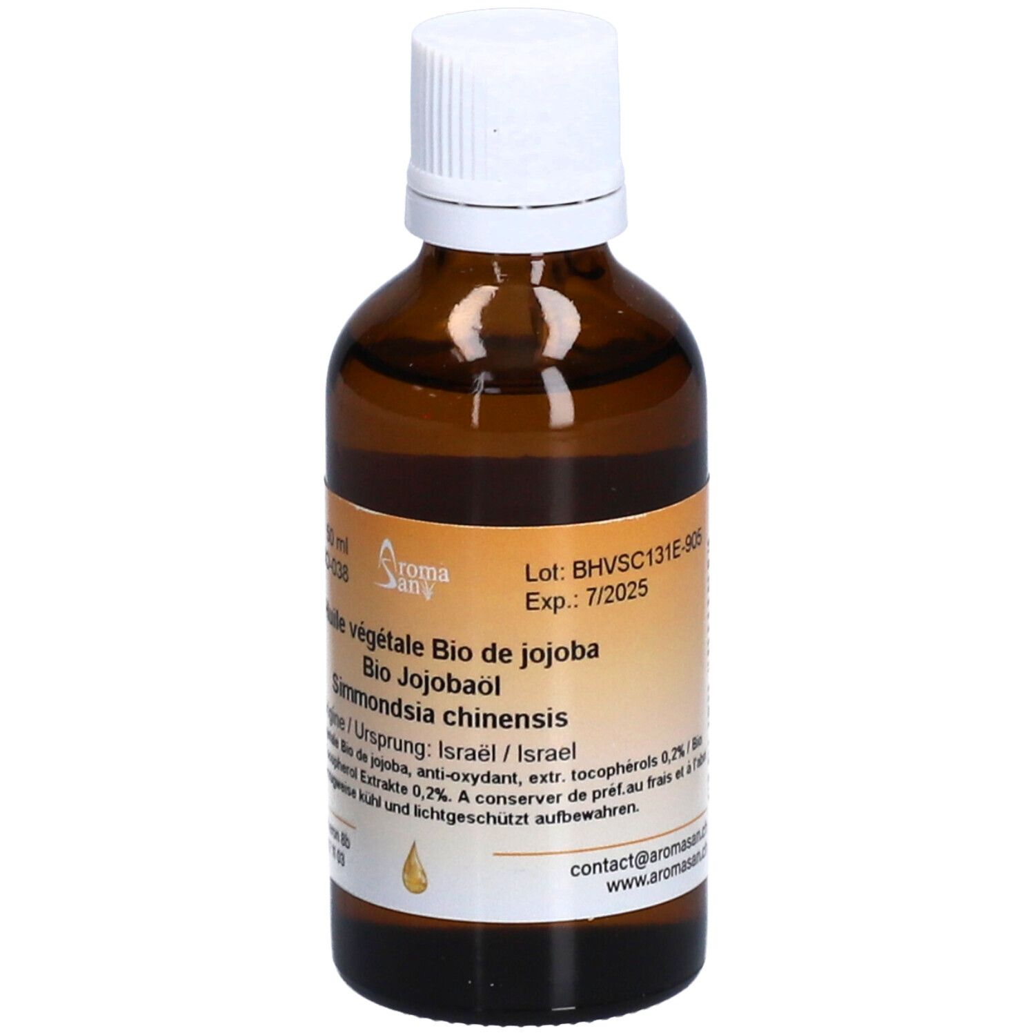 Flacon en verre brun avec bouchon blanc. Étiquette avec informations produit. 50 ml. Texte: Date de péremption, numéro de lot.