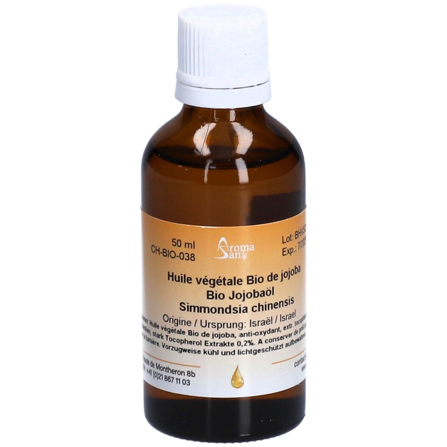 Flacon en verre brun avec bouchon blanc. Étiquette avec informations produit. 50 ml. Texte: Date de péremption, numéro de lot.