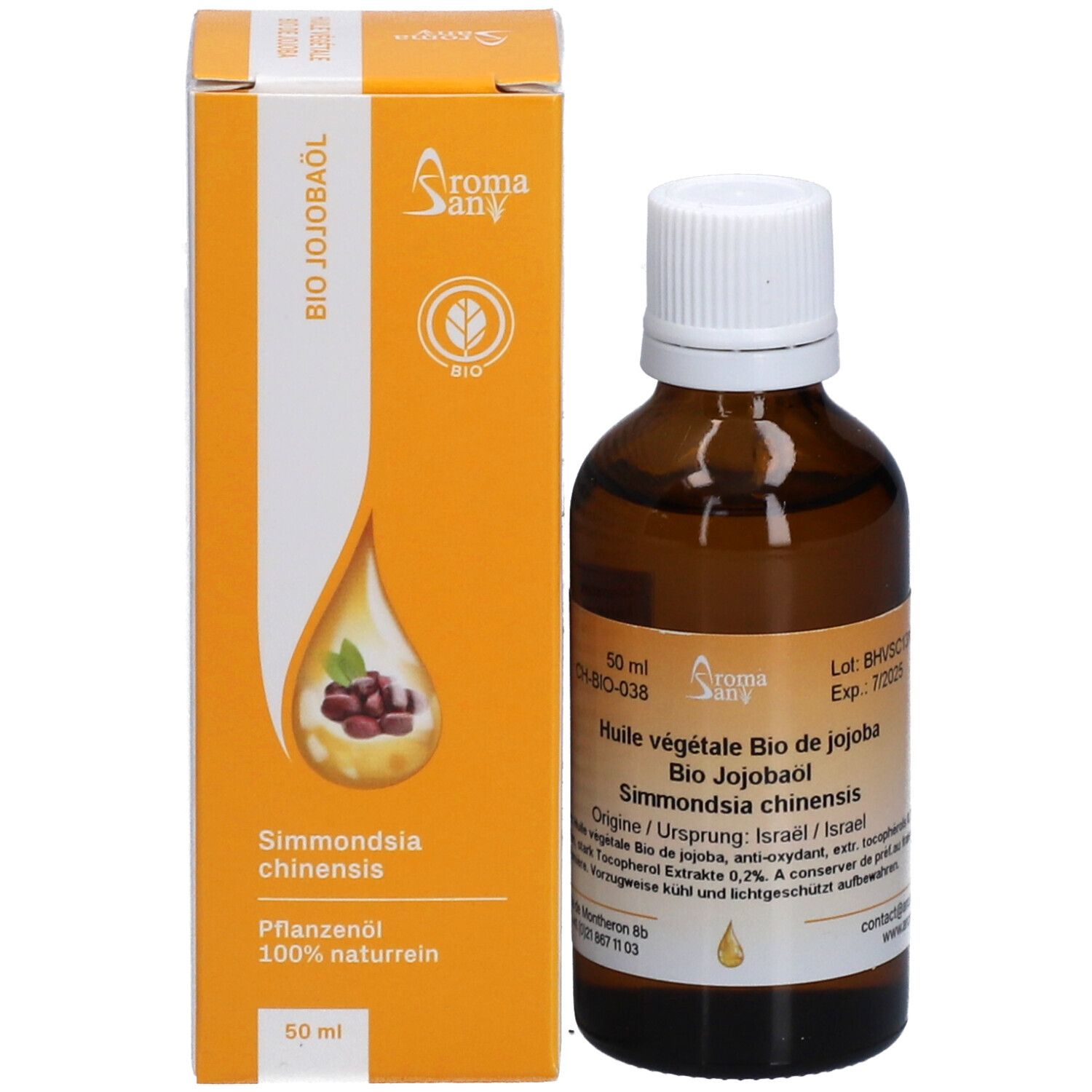 Flacon en verre brun avec bouchon blanc et emballage jaune-orange. Texte: Huile de jojoba bio, 50 ml, symbole goutte, huile végétale.