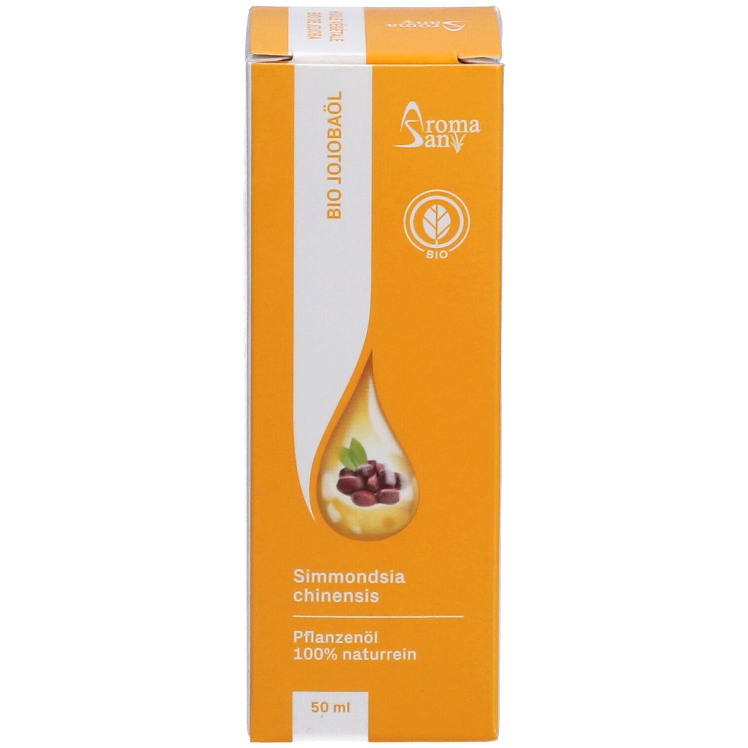 Emballage jaune-orange avec texte: Huile de jojoba bio, huile végétale, 50 ml. Symbole goutte avec graines.
