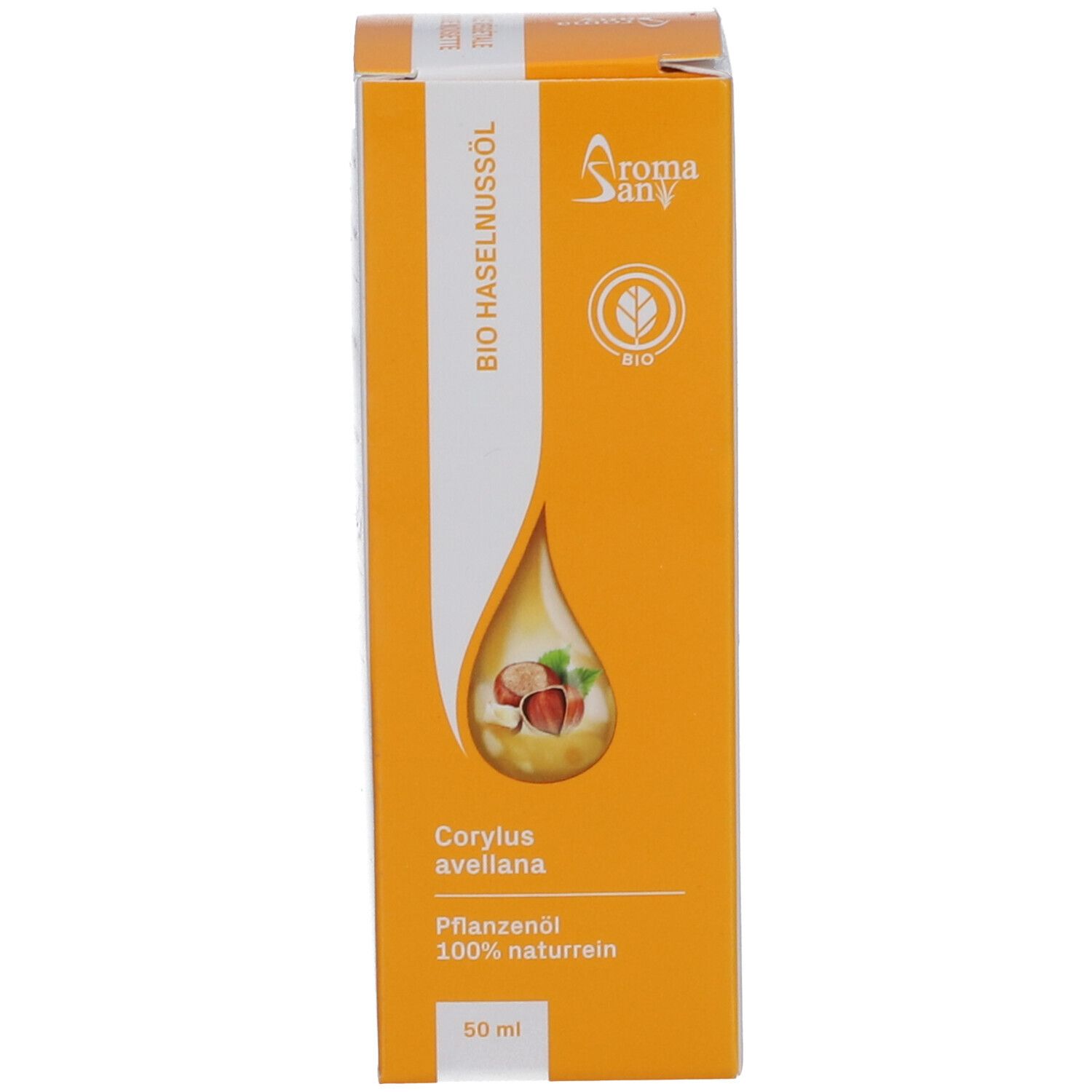 Emballage jaune avec nom du produit, logo et symbole de goutte. Contient un flacon en verre brun.