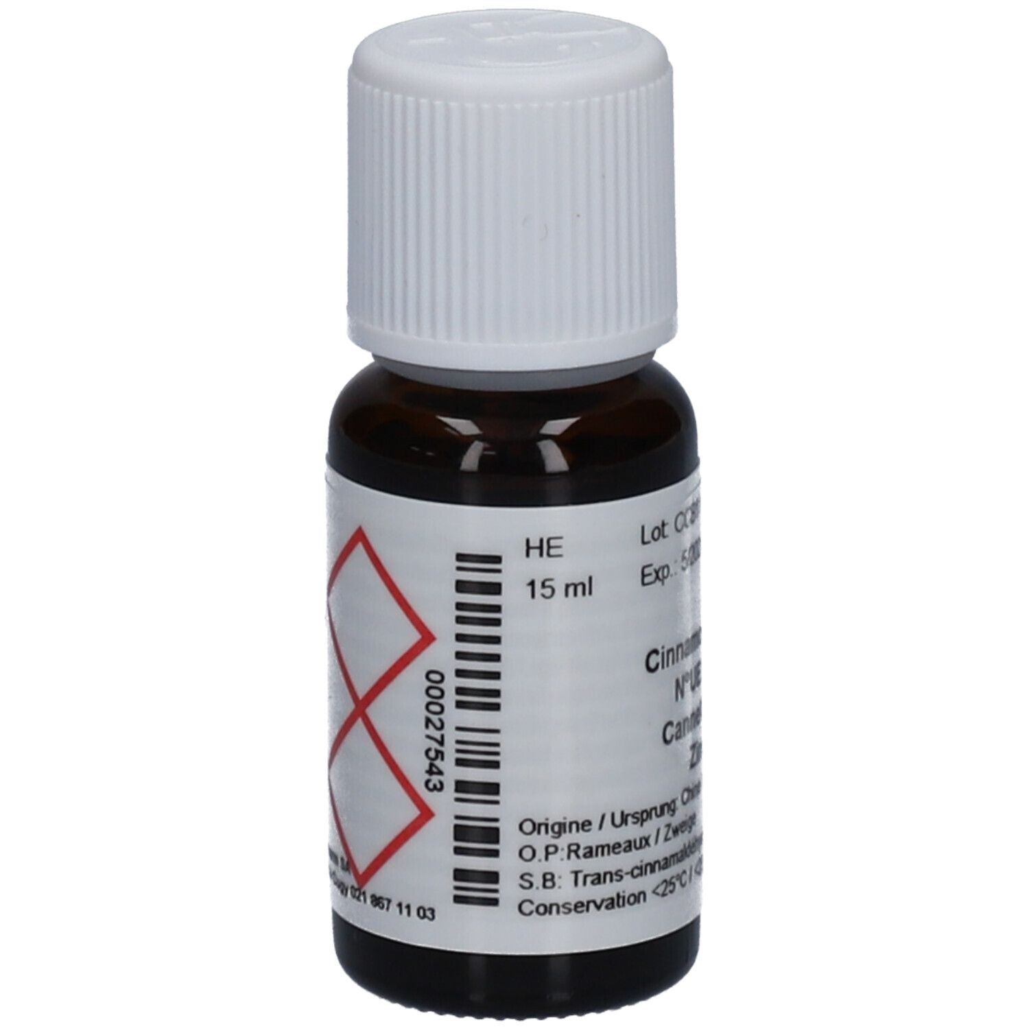 Flacon en verre brun avec bouchon blanc. Étiquette avec symbole de danger et HE 15 ml. Informations sur le produit.