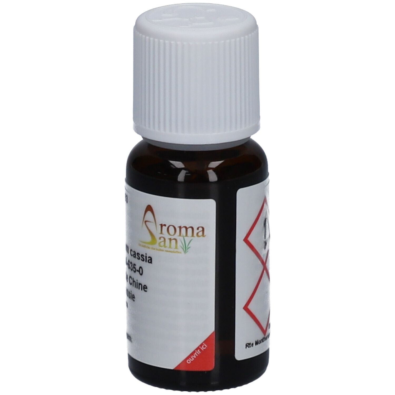 Flacon en verre brun avec bouchon blanc. Étiquette avec symbole de danger et logo Aromasan. Informations sur le produit.
