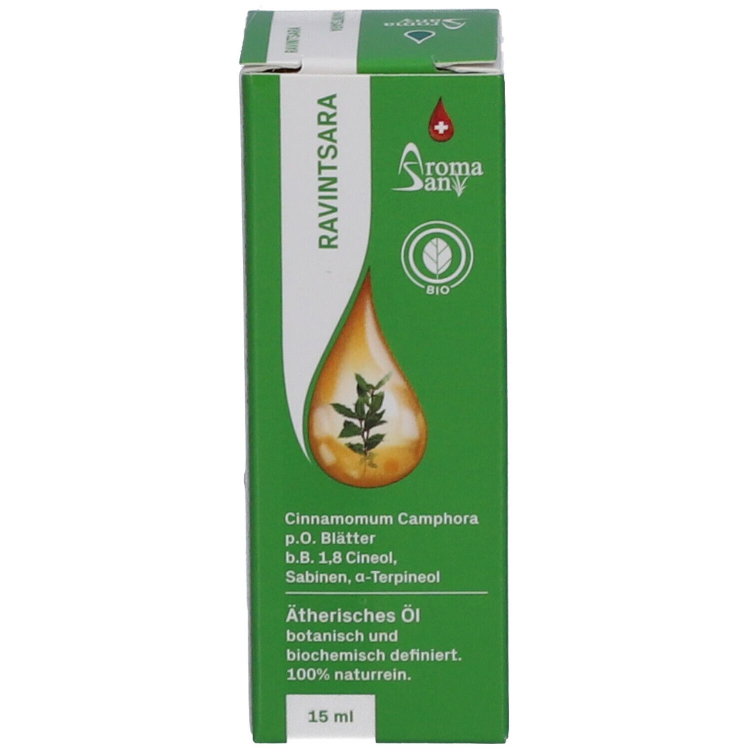 Emballage vert avec informations sur le produit. Aromasan Huile essentielle Ravintsara bio. Illustration de goutte.