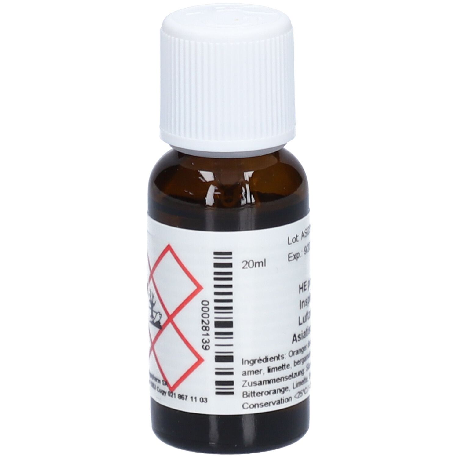 Flacon en verre brun avec bouchon blanc. Étiquette avec texte et symboles de danger. 20 ml.