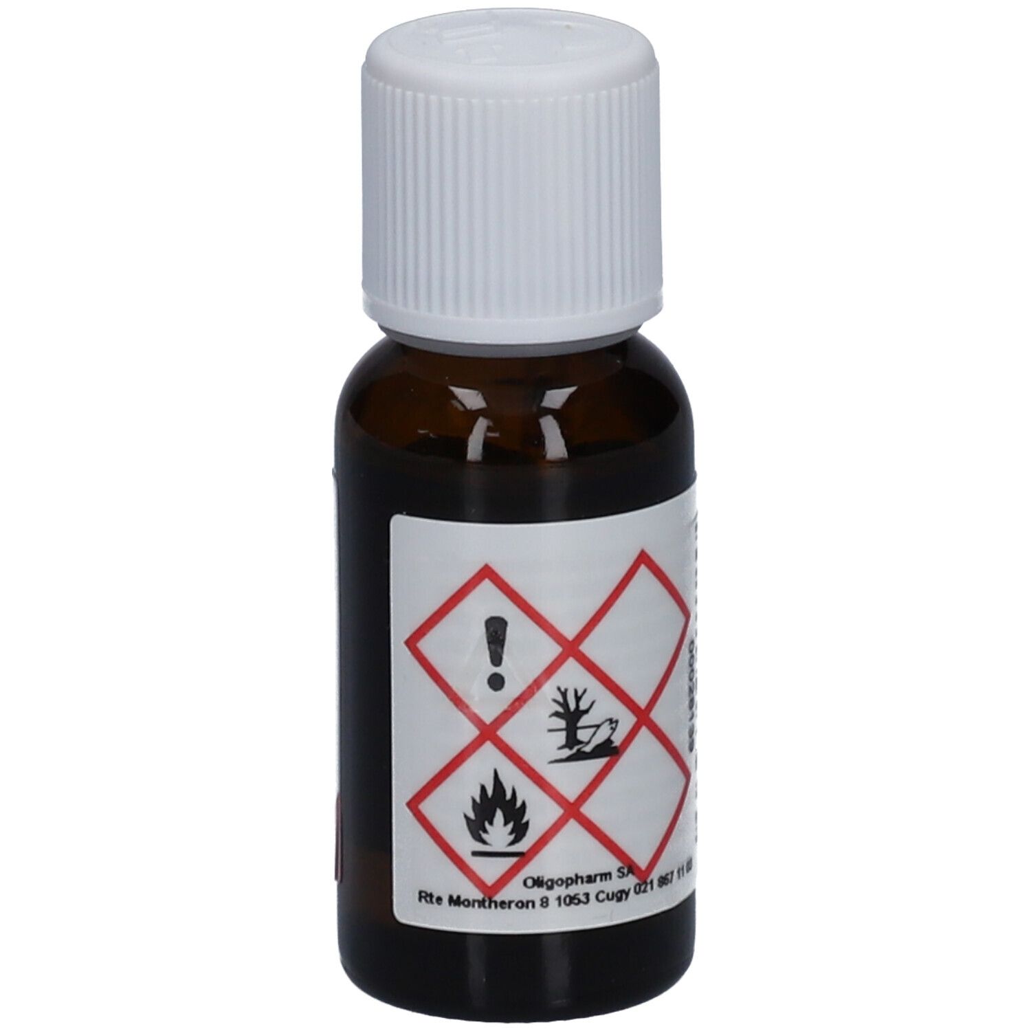 Flacon en verre brun avec bouchon blanc. Étiquette avec symboles de danger. 20 ml.