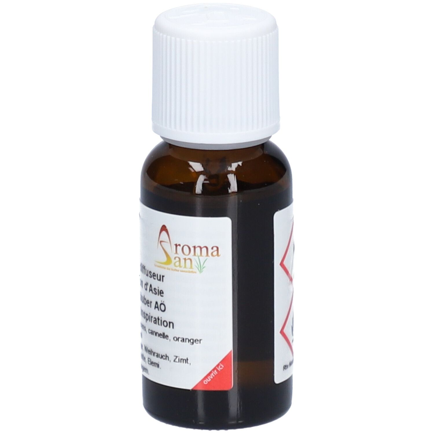 Flacon en verre brun avec bouchon blanc. Étiquette avec texte et logo Aromasan. 20 ml.