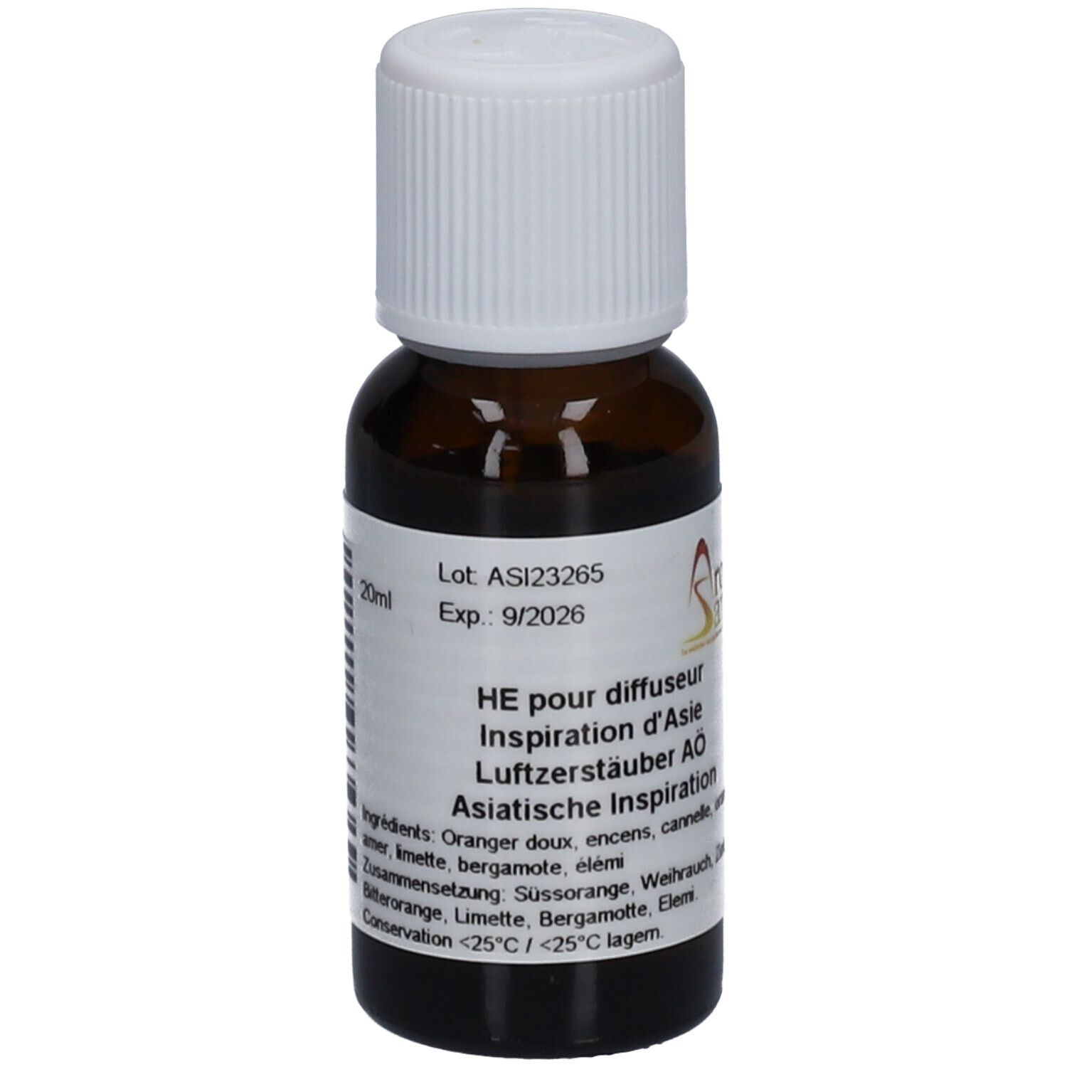 Flacon en verre brun avec bouchon blanc. Étiquette avec texte. Logo Aromasan. 20 ml. Exp. 9/2026.