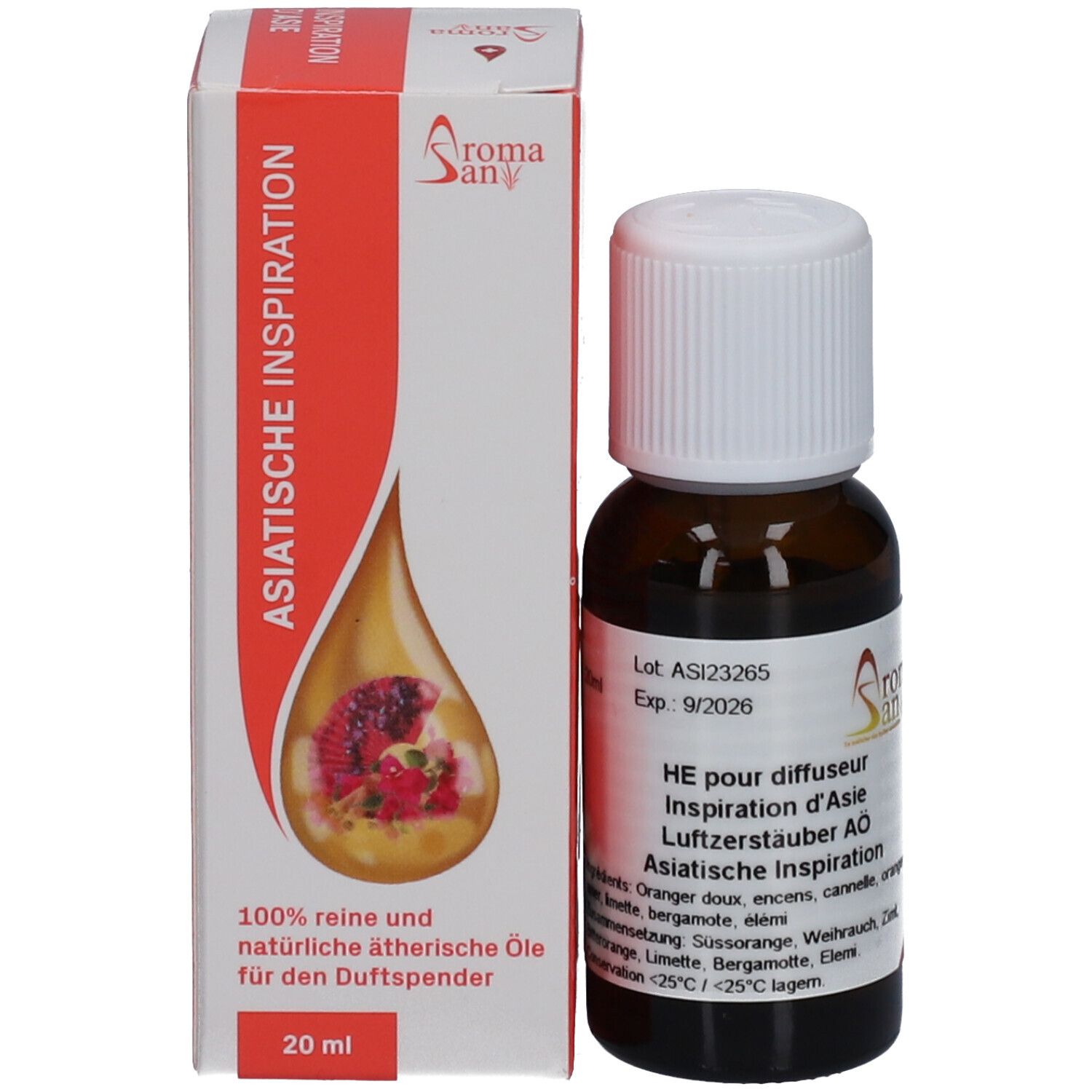 Flacon en verre brun et boîte. Boîte avec texte et logo Aromasan. 20 ml. Exp. 9/2026.