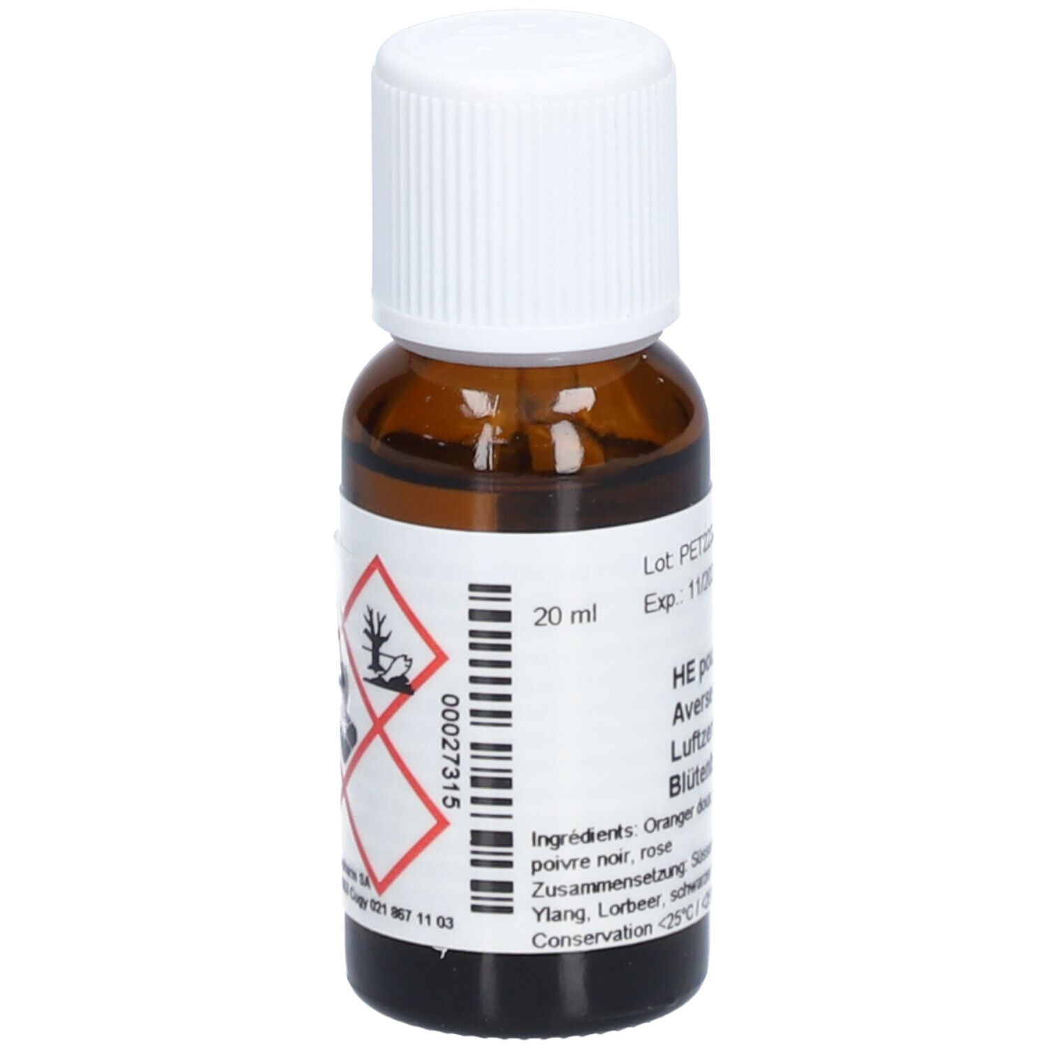 Flacon en verre brun avec bouchon à vis blanc. Étiquette avec symboles de danger et informations produit. Inscription: 20 ml.