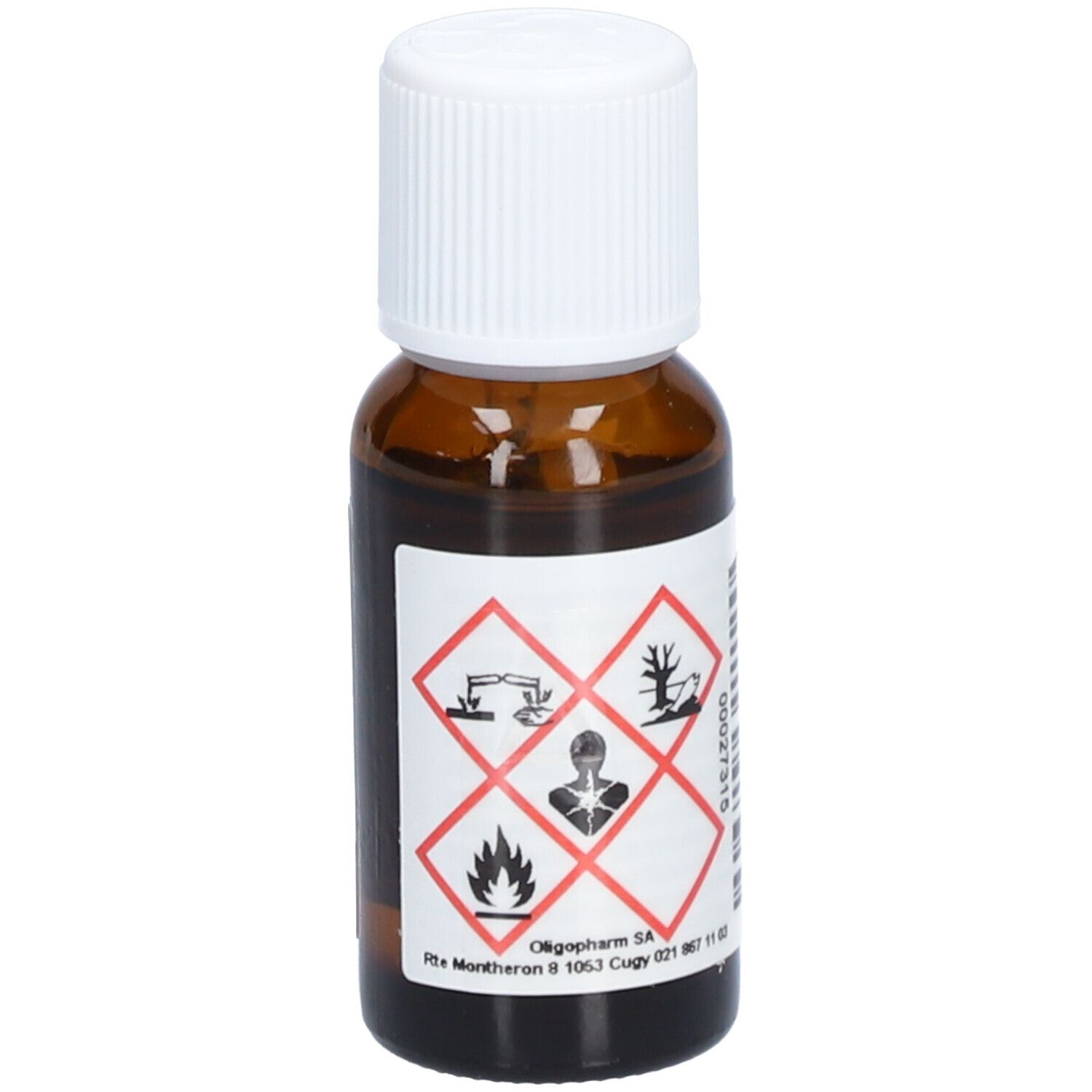 Flacon en verre brun avec bouchon à vis blanc. Étiquette avec symboles de danger. Inscription: Oligopharm SA.