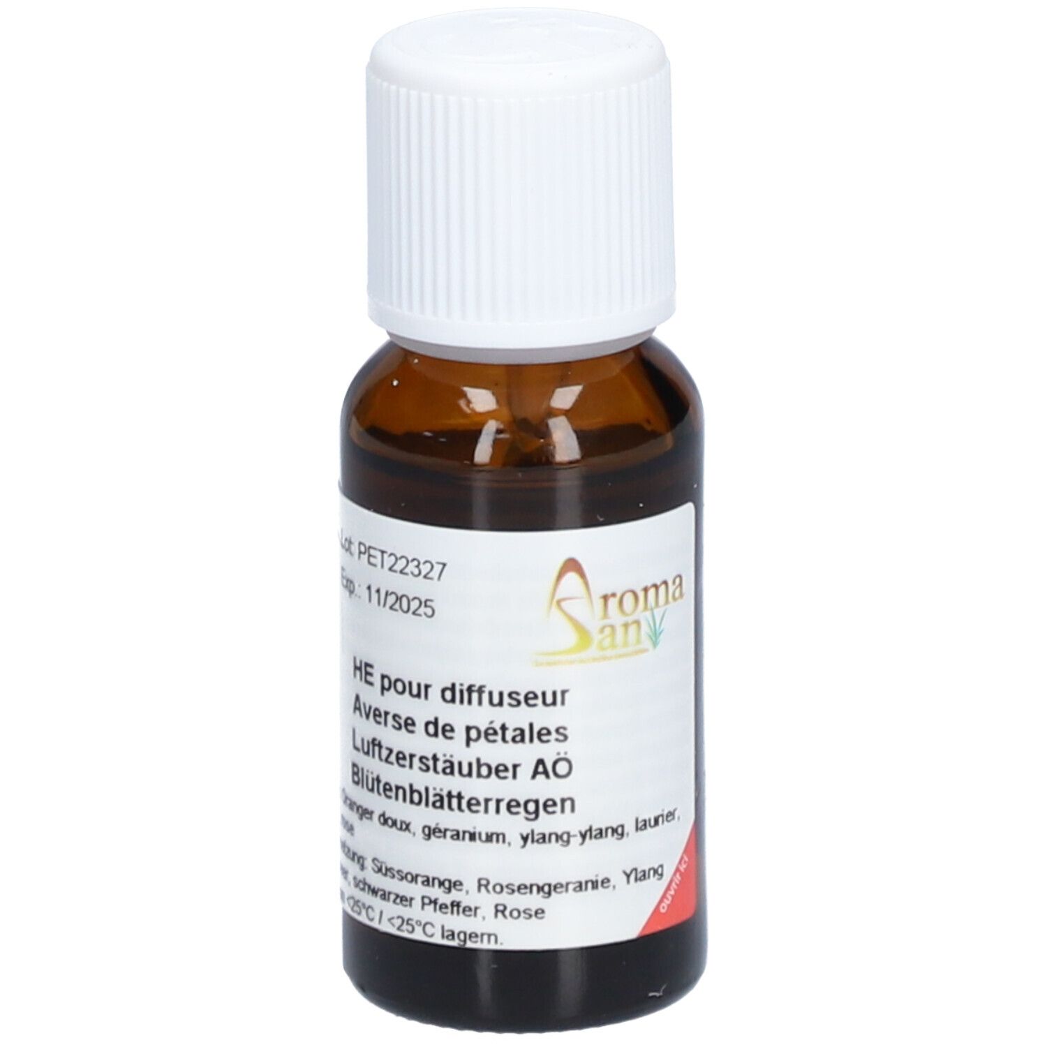 Flacon en verre brun avec bouchon à vis blanc. Étiquette avec informations produit. Inscription: AromaSan, HE pour diffuseur, Averse de pétales.