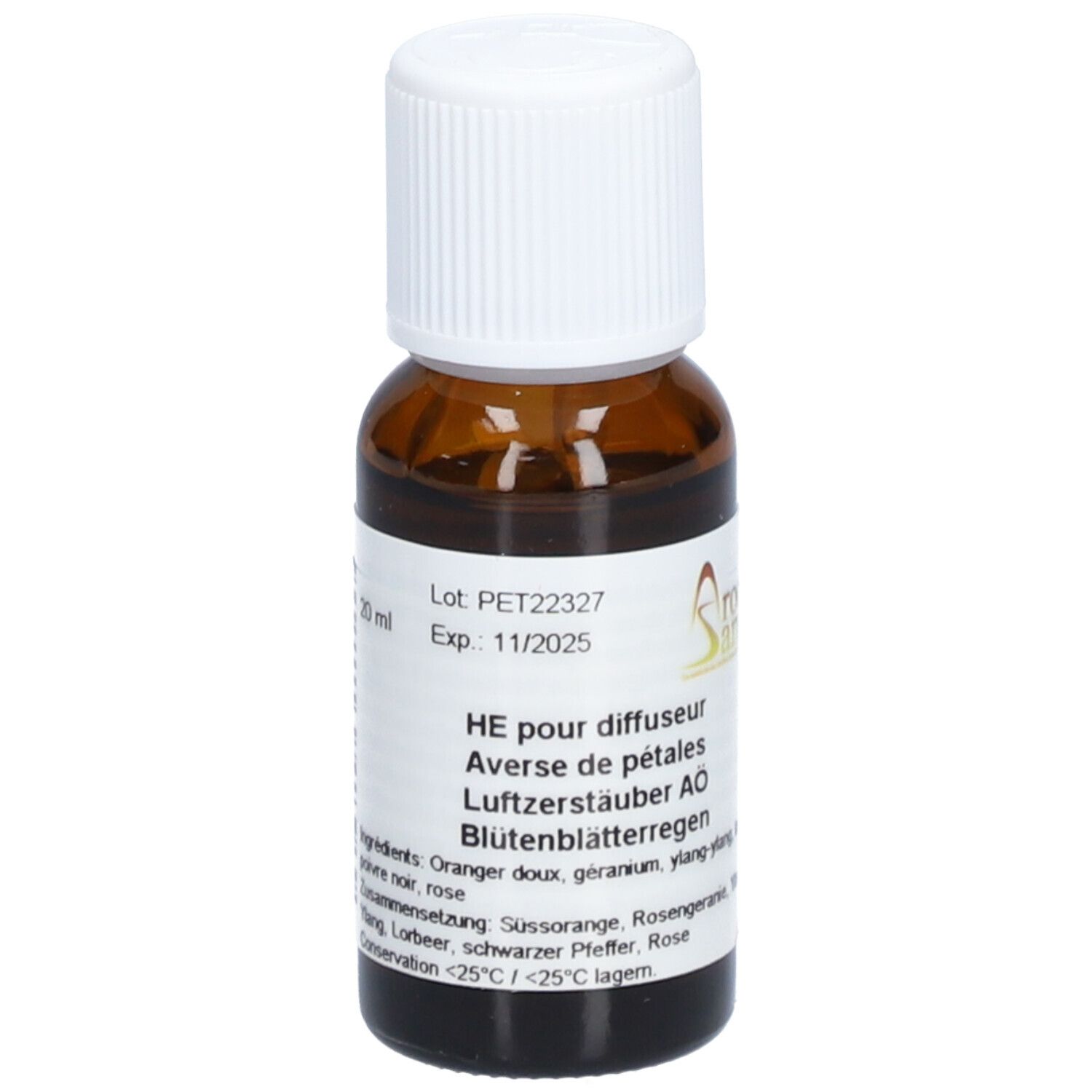 Flacon en verre brun avec bouchon à vis blanc. Étiquette avec informations produit. Inscription: AromaSan, HE pour diffuseur, Averse de pétales, 20 ml.