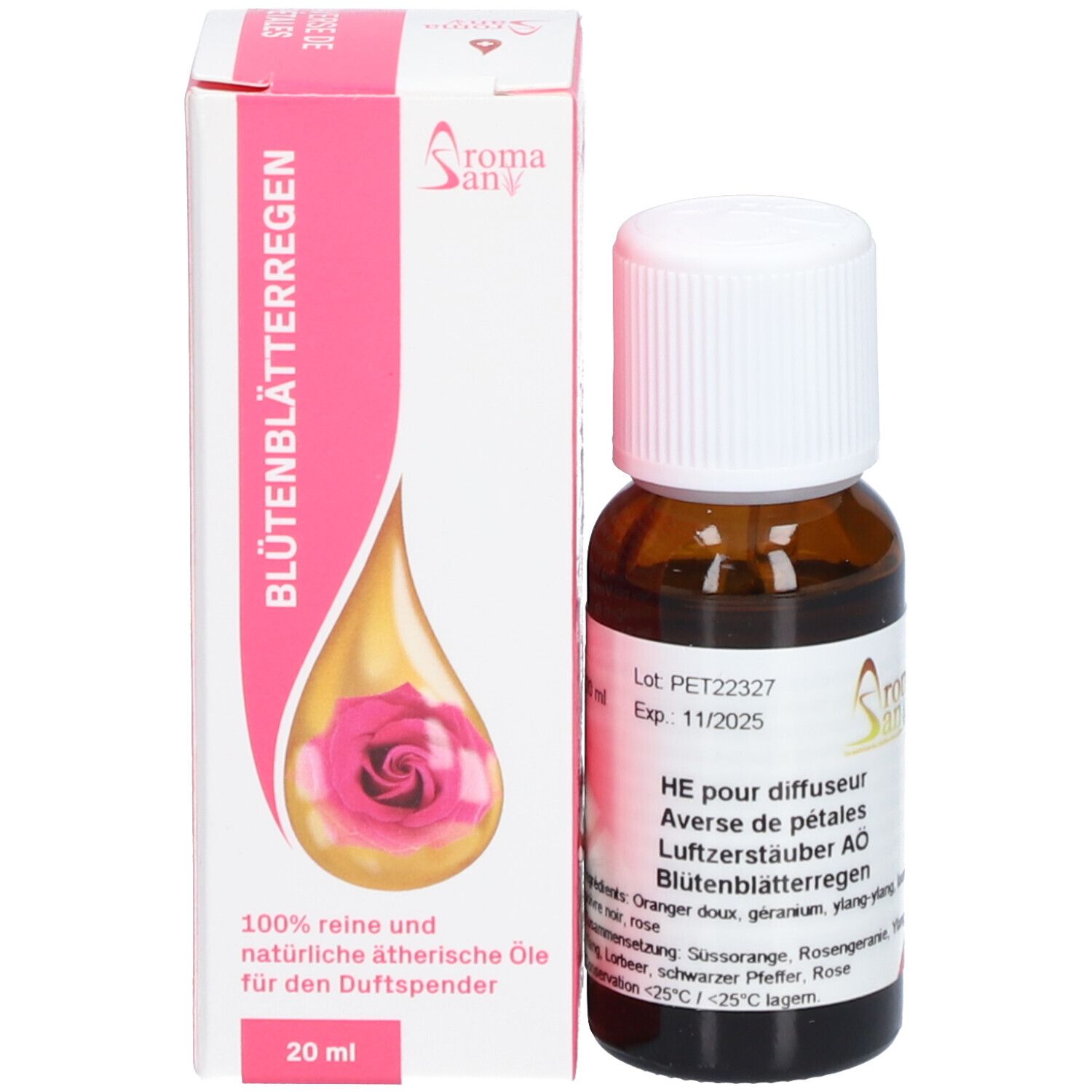 Emballage du produit avec flacon. Inscription: Blütenblätterregen, 100% huiles essentielles pures pour diffuseur, 20 ml.