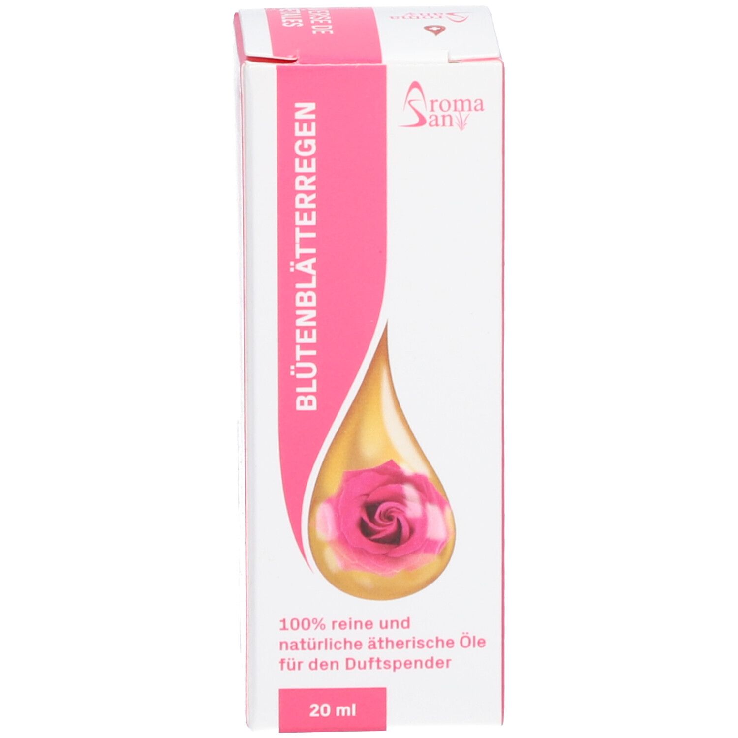 Emballage du produit. Inscription: Blütenblätterregen, 100% huiles essentielles pures et naturelles pour diffuseur, 20 ml.