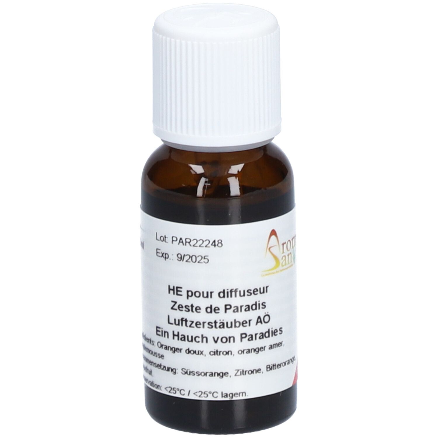 Flacon en verre brun avec bouchon blanc. Étiquette avec texte: HE pour diffuseur, Zeste de Paradis, logo Aromasan. Exp. 9/2025.
