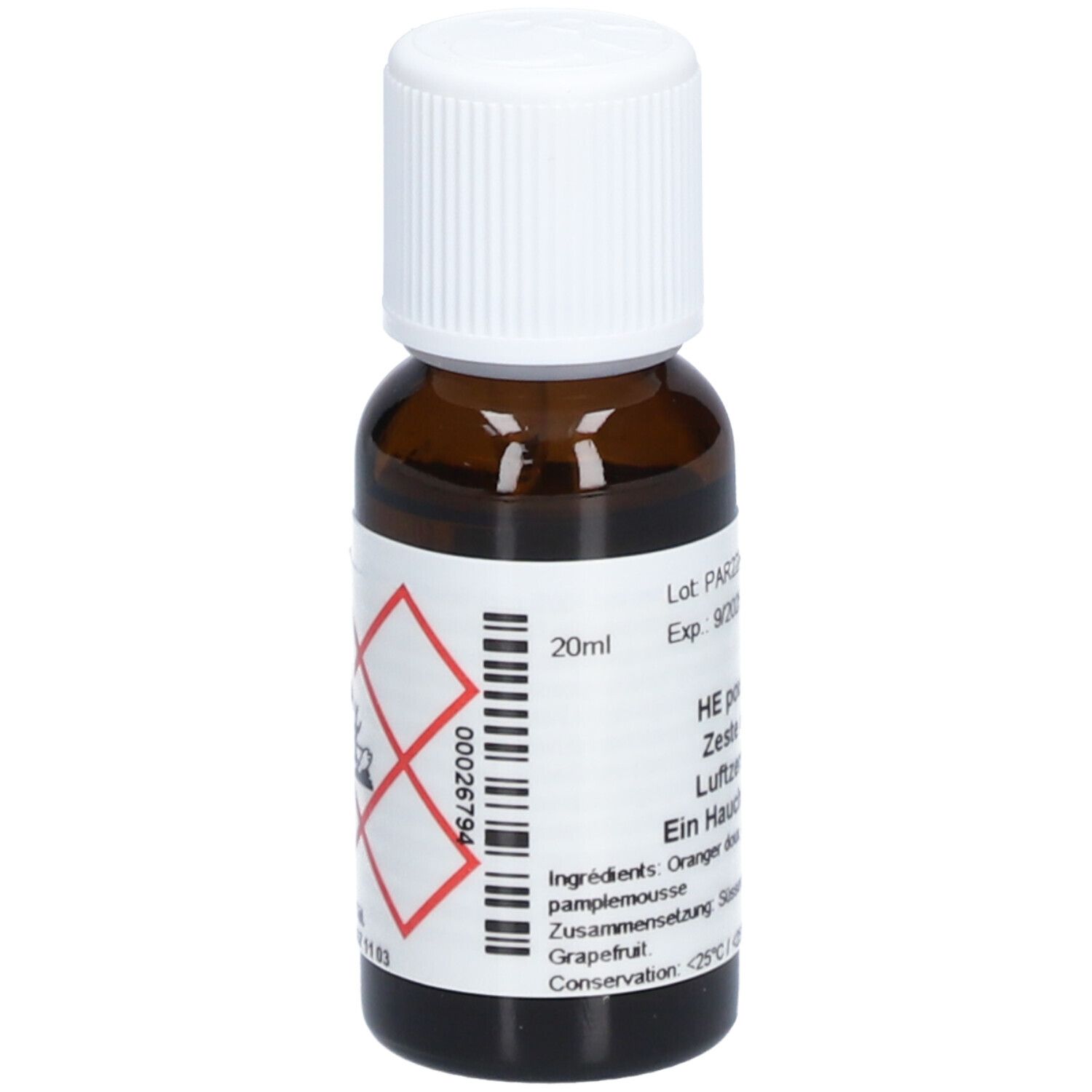 Flacon en verre brun avec bouchon blanc. Étiquette avec texte et symboles de danger. 20ml. Exp. 9/2025.
