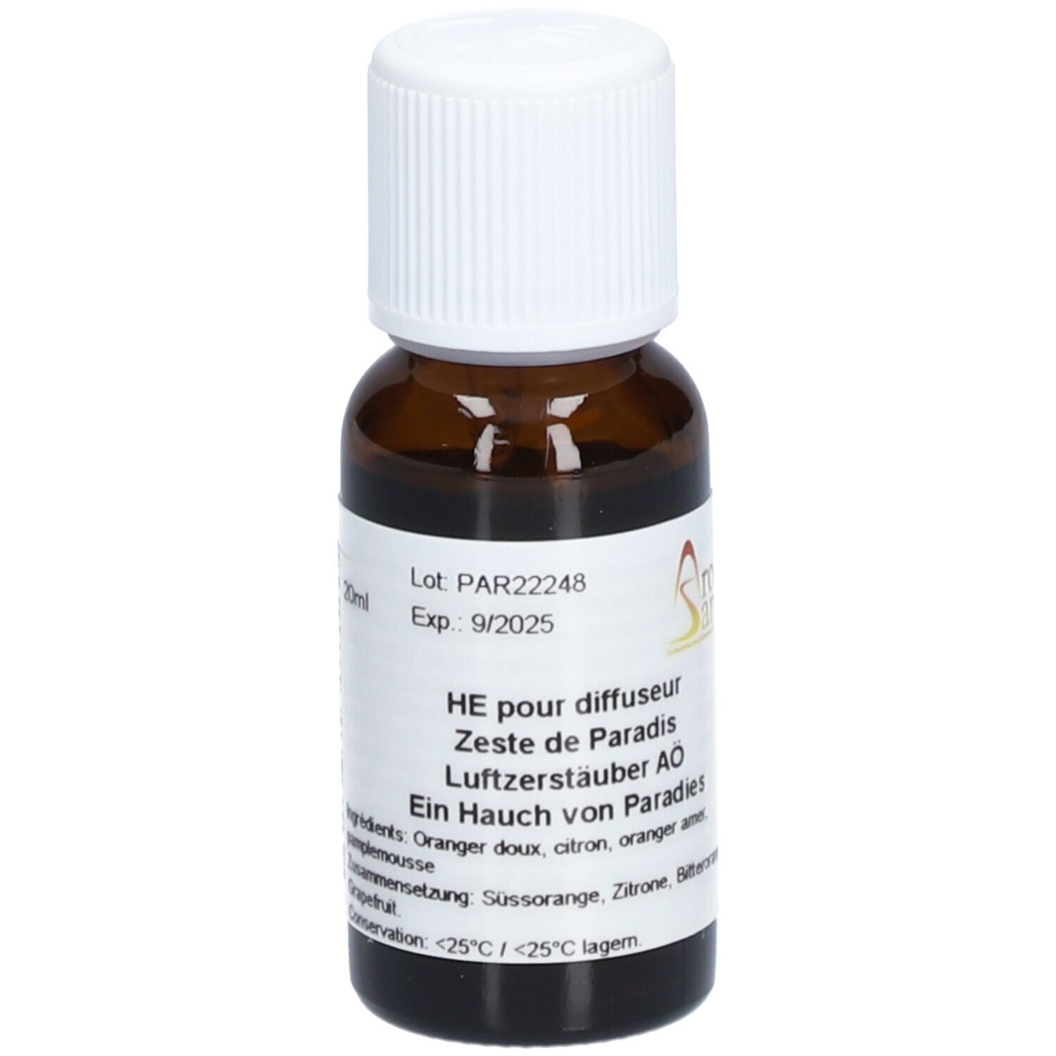 Flacon en verre brun avec bouchon blanc. Étiquette avec texte et symboles de danger. 20ml. Exp. 9/2025. Logo Aromasan.