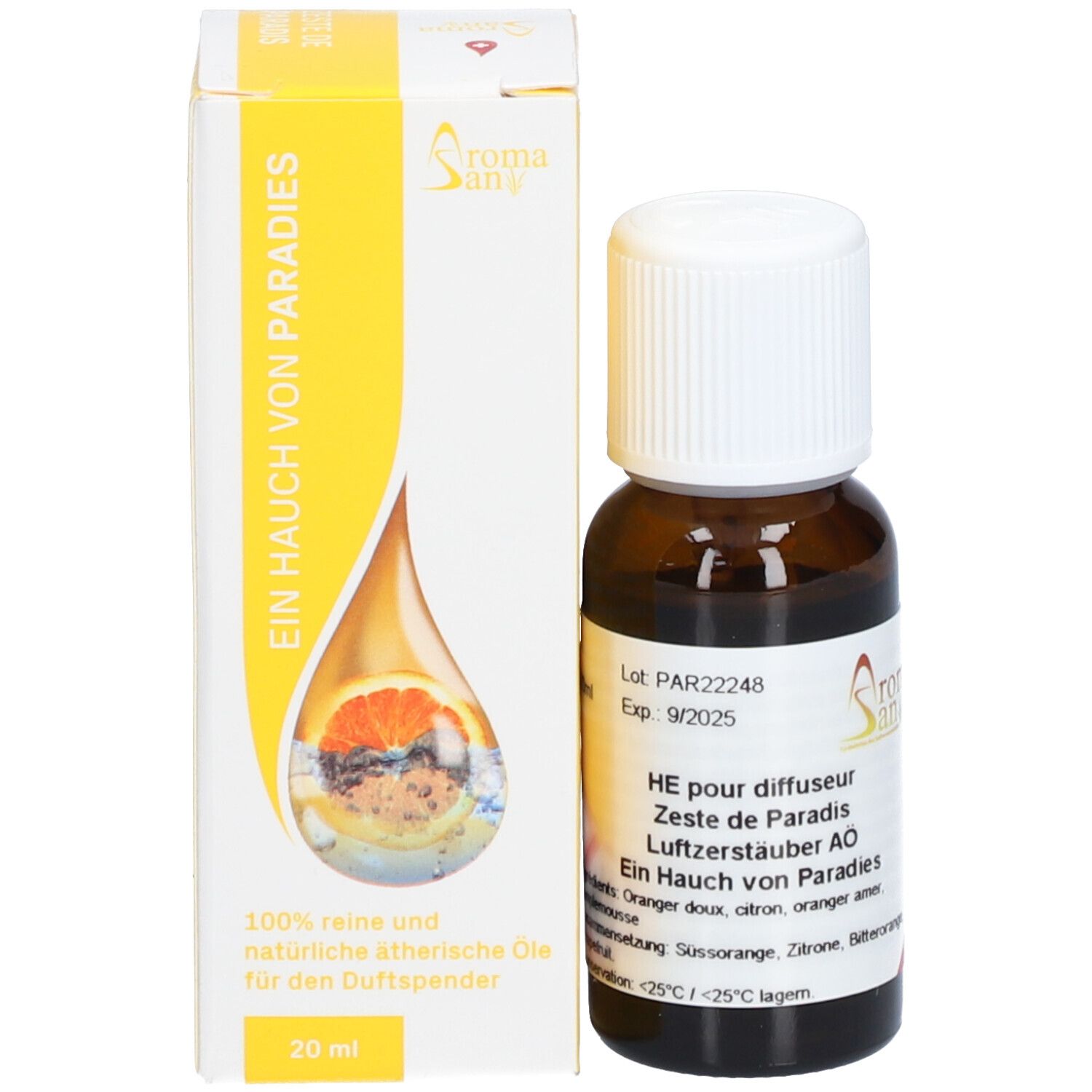 Flacon en verre brun avec bouchon blanc à côté d'une boîte jaune. Boîte avec texte: Ein Hauch von Paradies, logo Aromasan. 20 ml.
