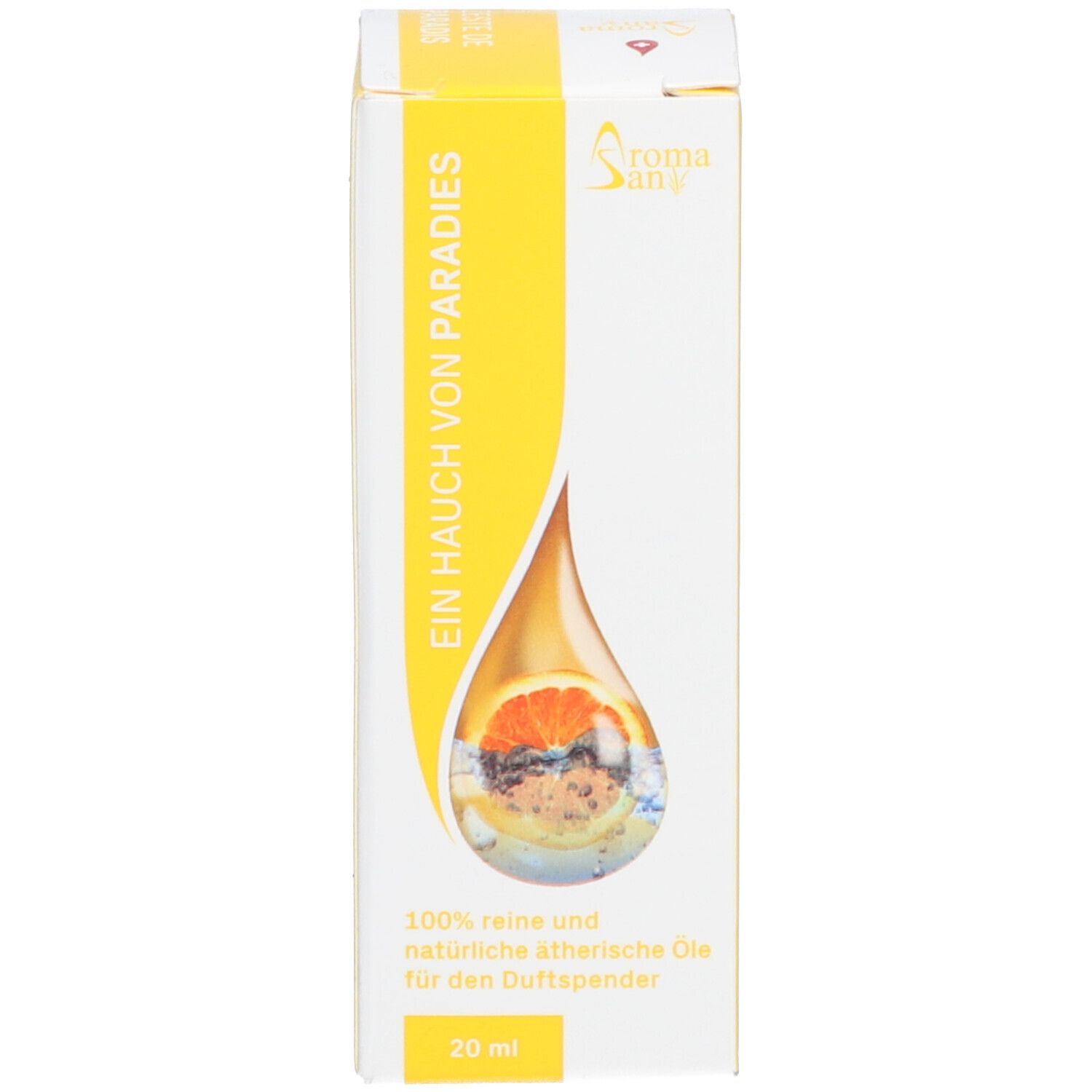 Boîte jaune avec texte: Ein Hauch von Paradies, logo Aromasan. 20 ml. Illustration d'un fruit.