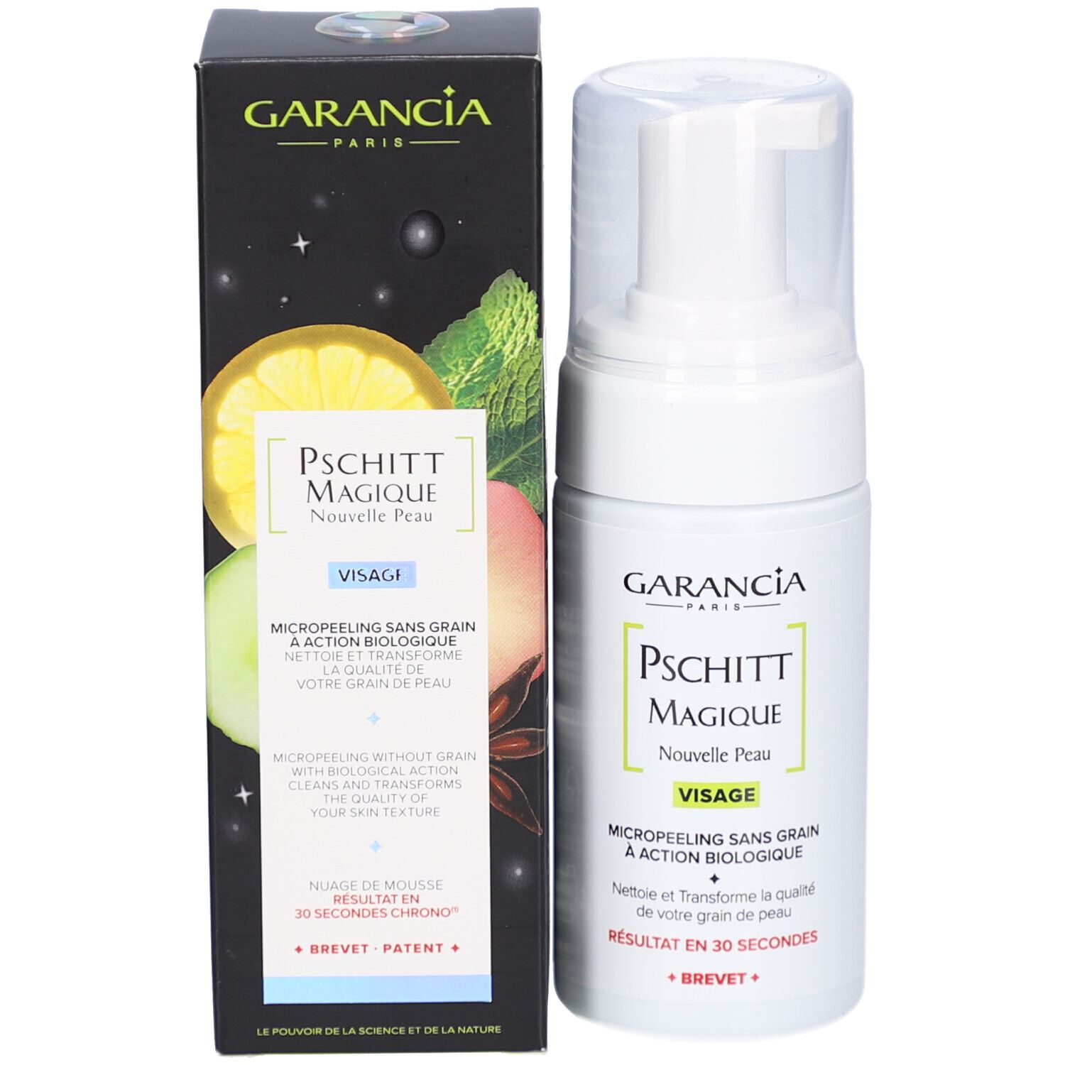 Flacon et emballage. Inscription: GARANCIA, Pschitt Magique, Nouvelle Peau, Visage. Micropeeling sans grain.