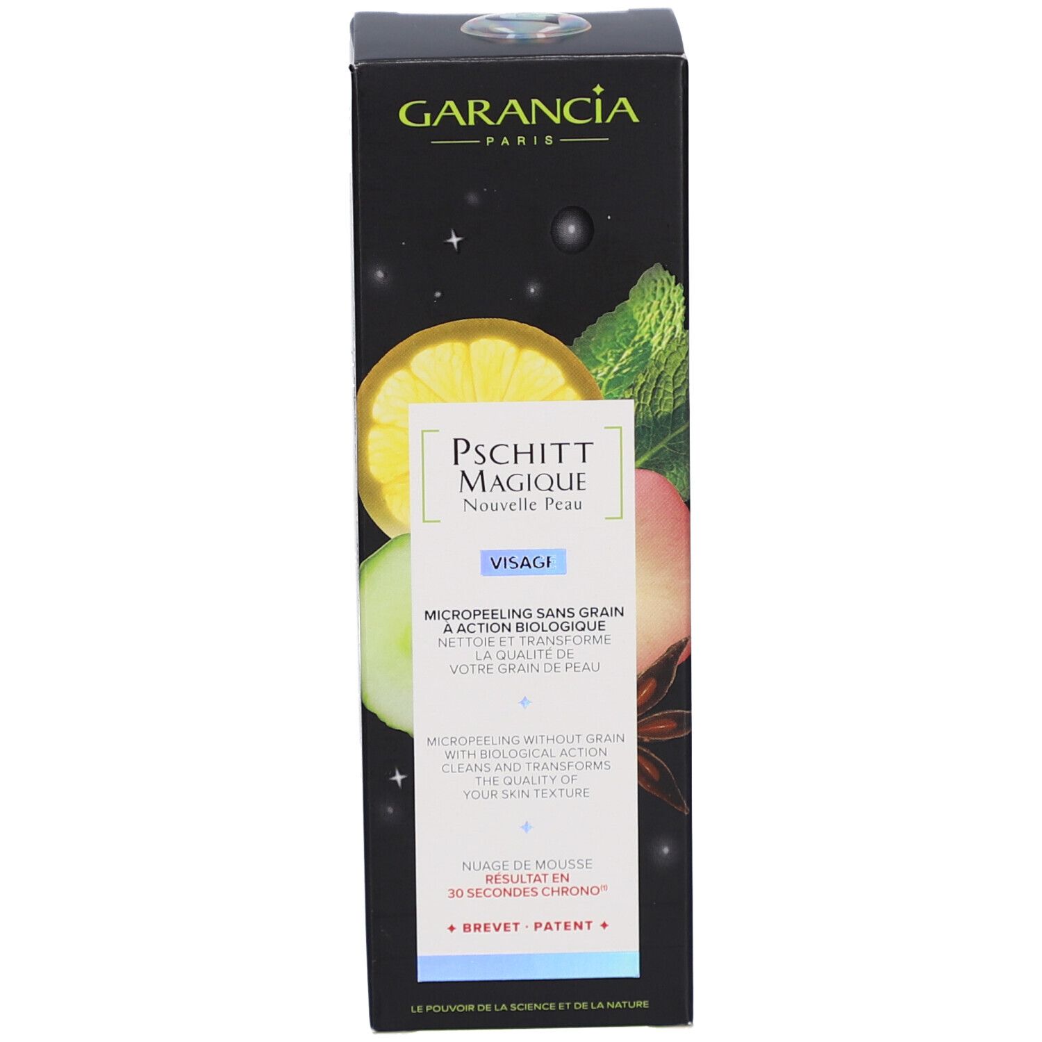 Emballage du produit. Inscription: GARANCIA, Pschitt Magique, Nouvelle Peau, Visage. Micropeeling sans grain.