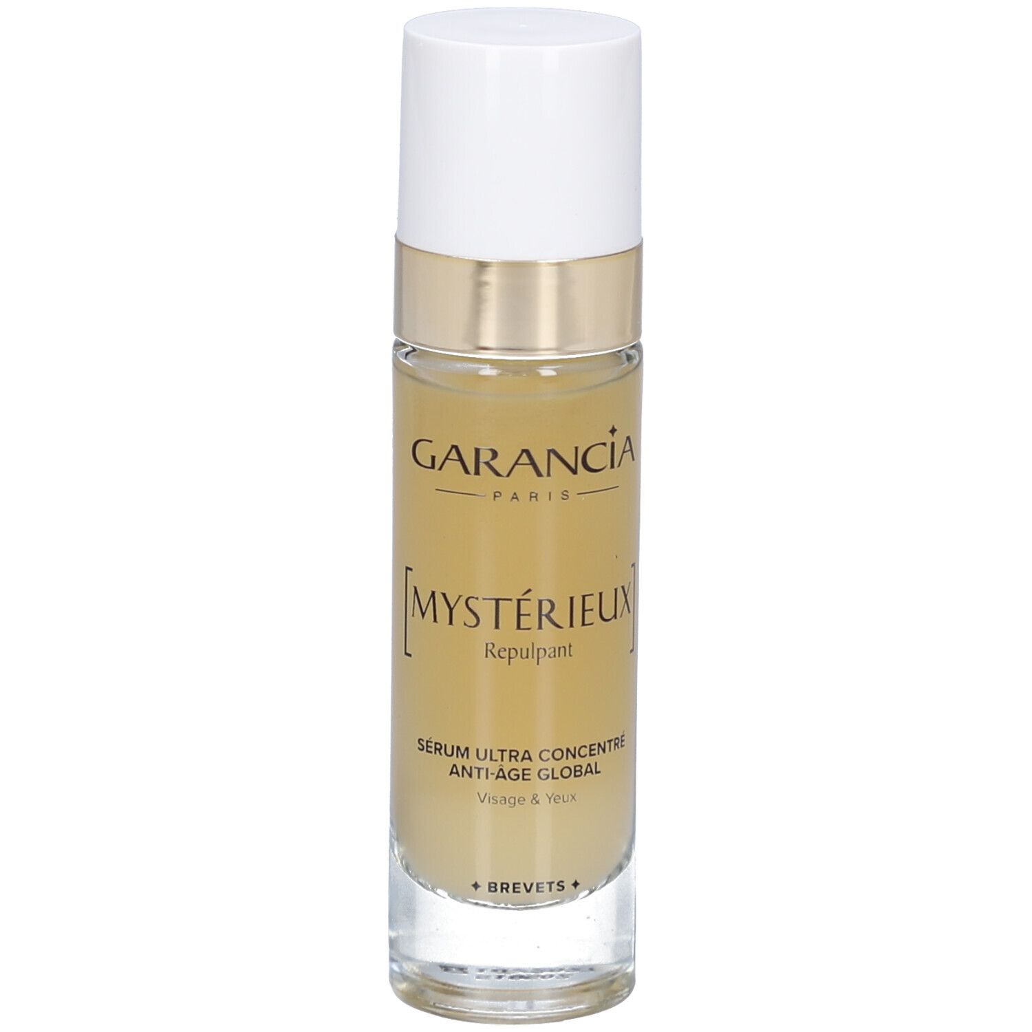 Flacon avec bouchon blanc. Inscription: GARANCIA PARIS, [MYSTÉRIEUX] Repulpant, Sérum Anti-Âge Visage & Yeux.