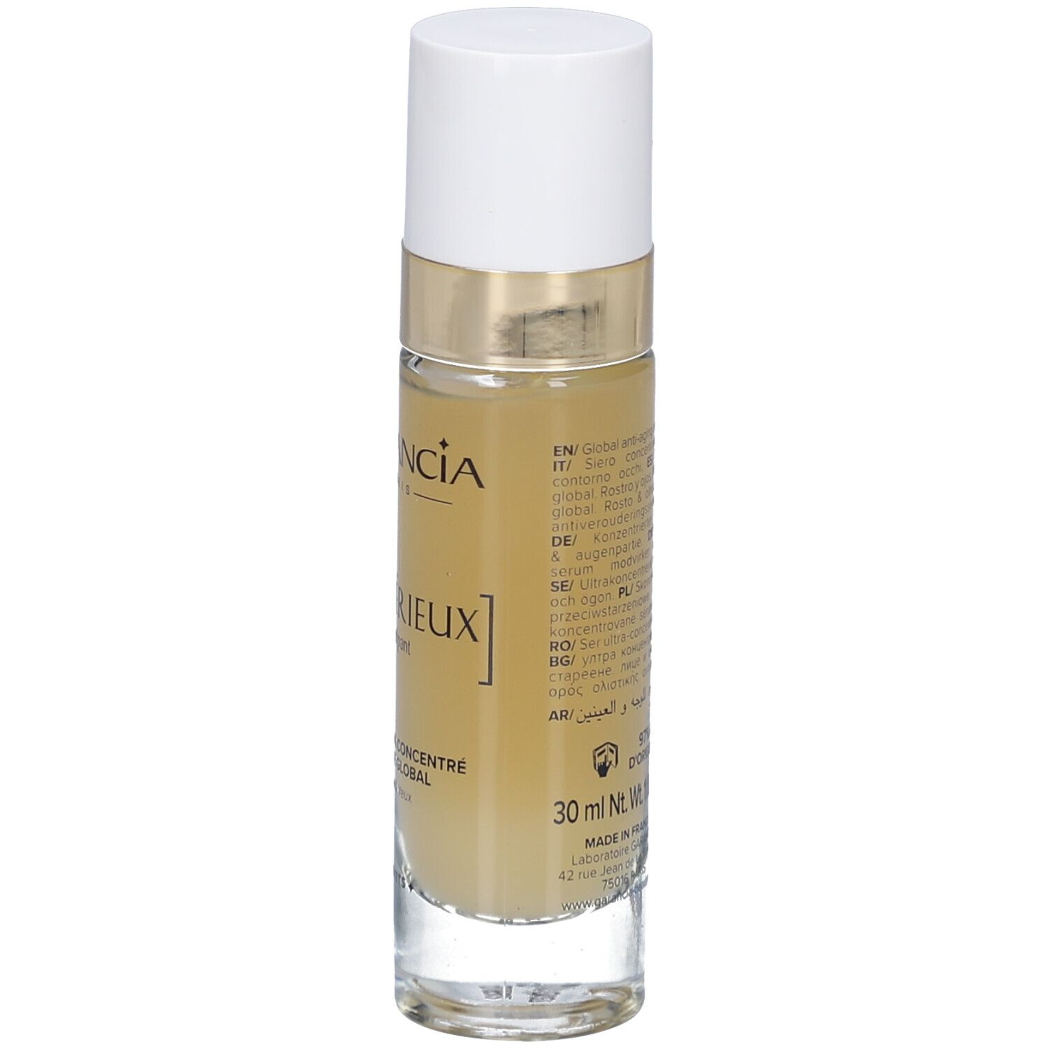 Dos du flacon. Texte multilingue. Inscription: 30 ml, Made in France.