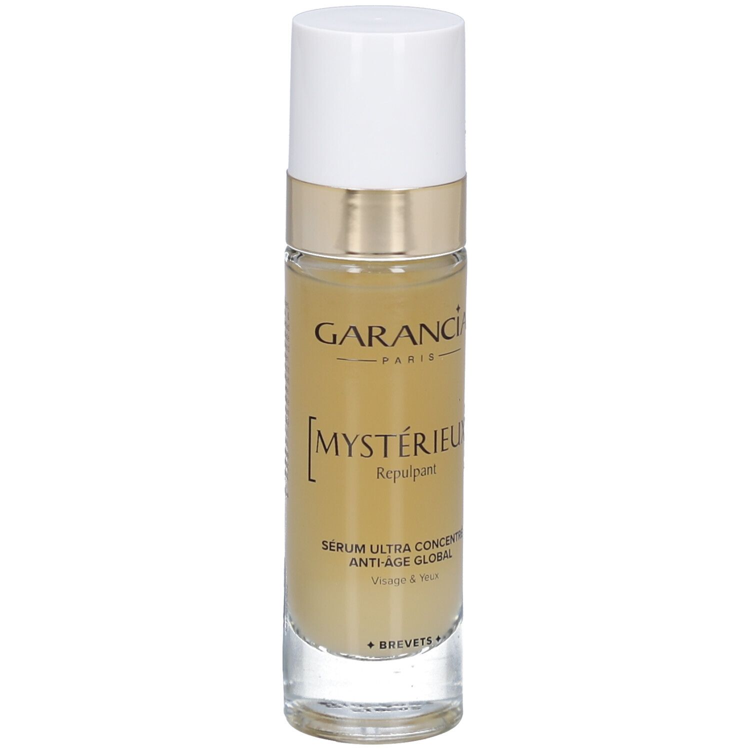 Flacon avec bouchon blanc. Inscription: GARANCIA PARIS, [MYSTÉRIEUX] Repulpant, Sérum Anti-Âge Visage & Yeux.