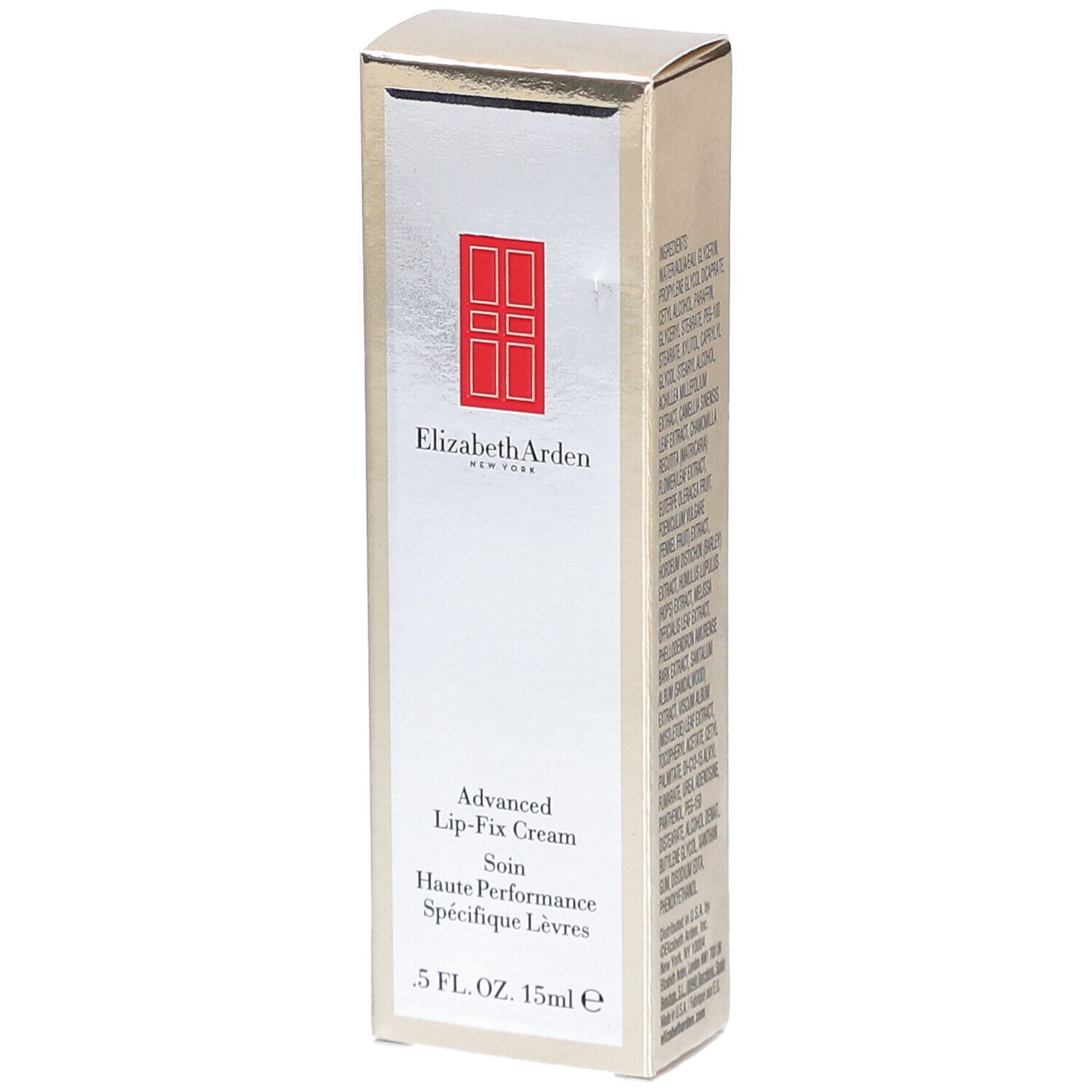 Boîte Elizabeth Arden Advanced Lip-Fix Cream. Face argenté, logo rouge et nom du produit. 15ml.