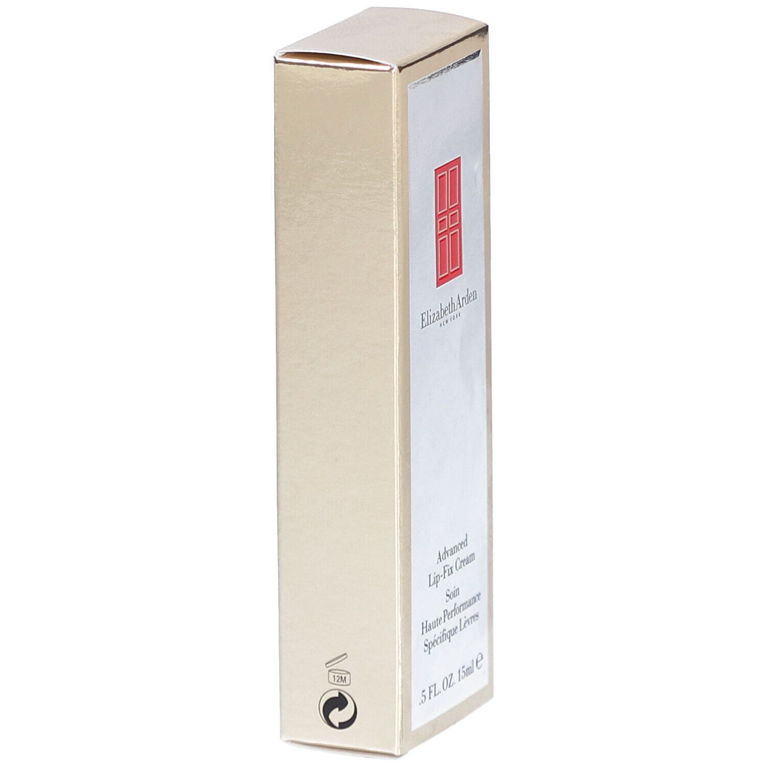 Boîte dorée, Elizabeth Arden Advanced Lip-Fix Cream. Côté argenté avec logo et nom du produit. 15ml.