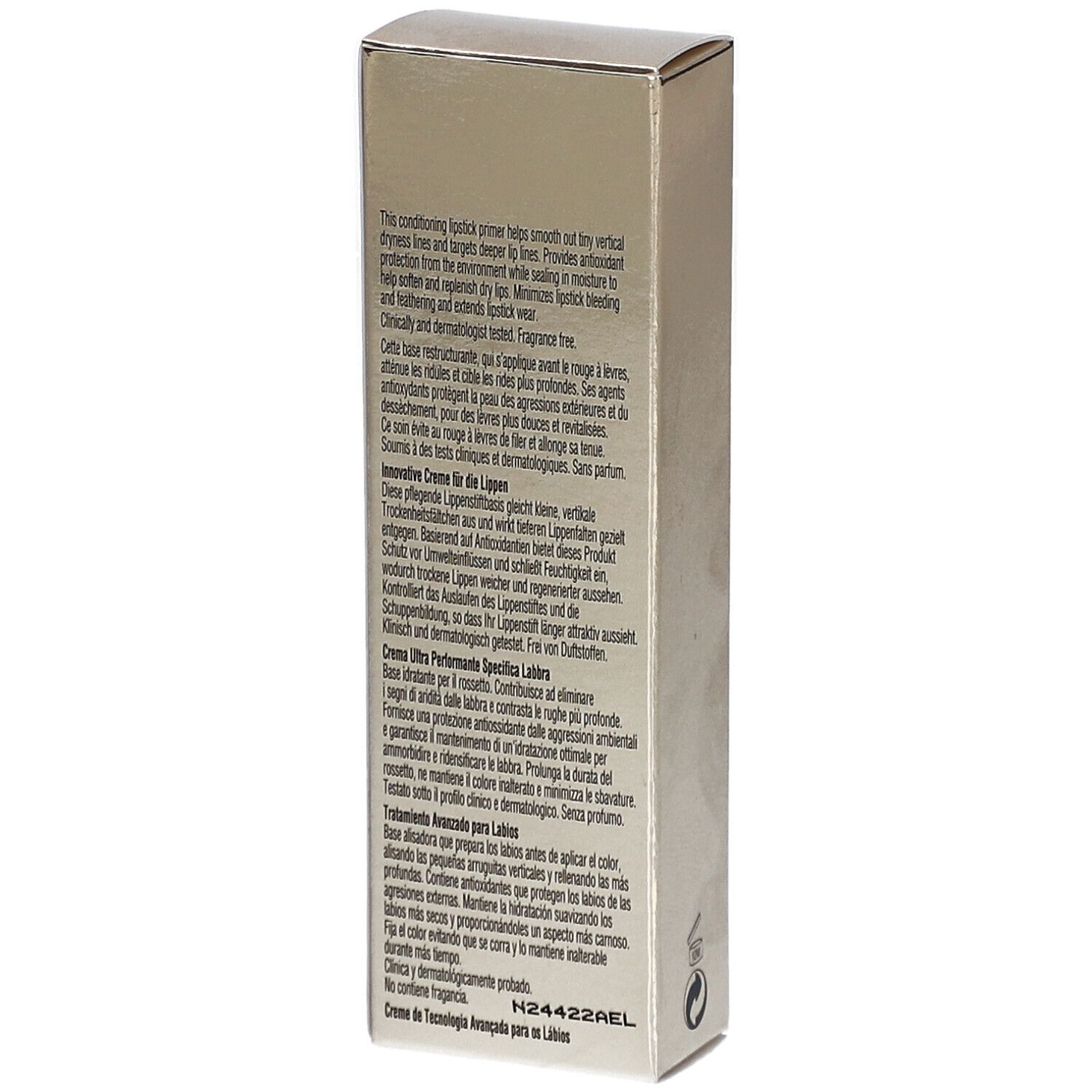 Dos de la boîte avec texte. Elizabeth Arden Advanced Lip-Fix Cream. Ingrédients et informations sur le produit.