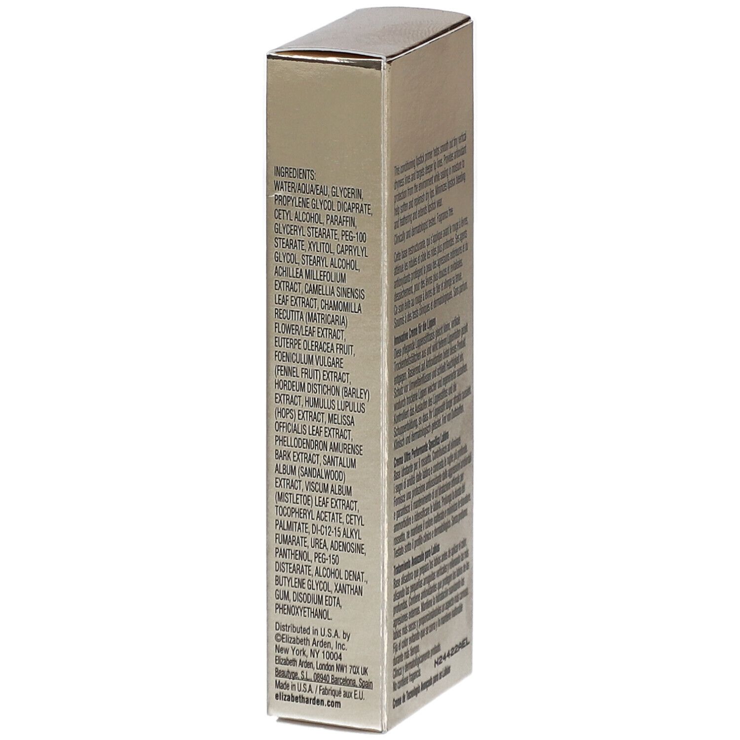 Côté de la boîte avec ingrédients. Elizabeth Arden Advanced Lip-Fix Cream. Liste des ingrédients.