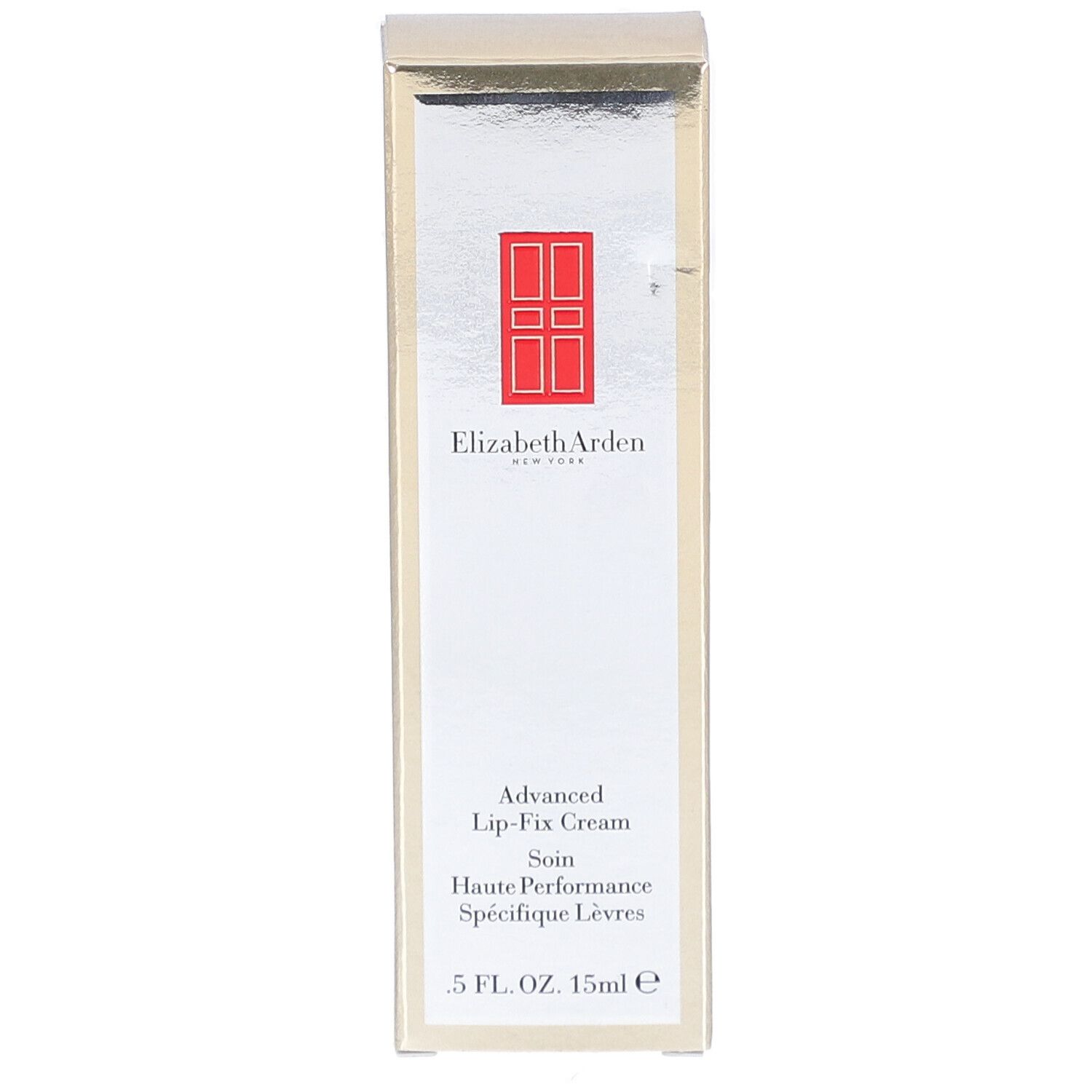 Boîte Elizabeth Arden Advanced Lip-Fix Cream. Face argentée, logo rouge et nom du produit. 15ml.