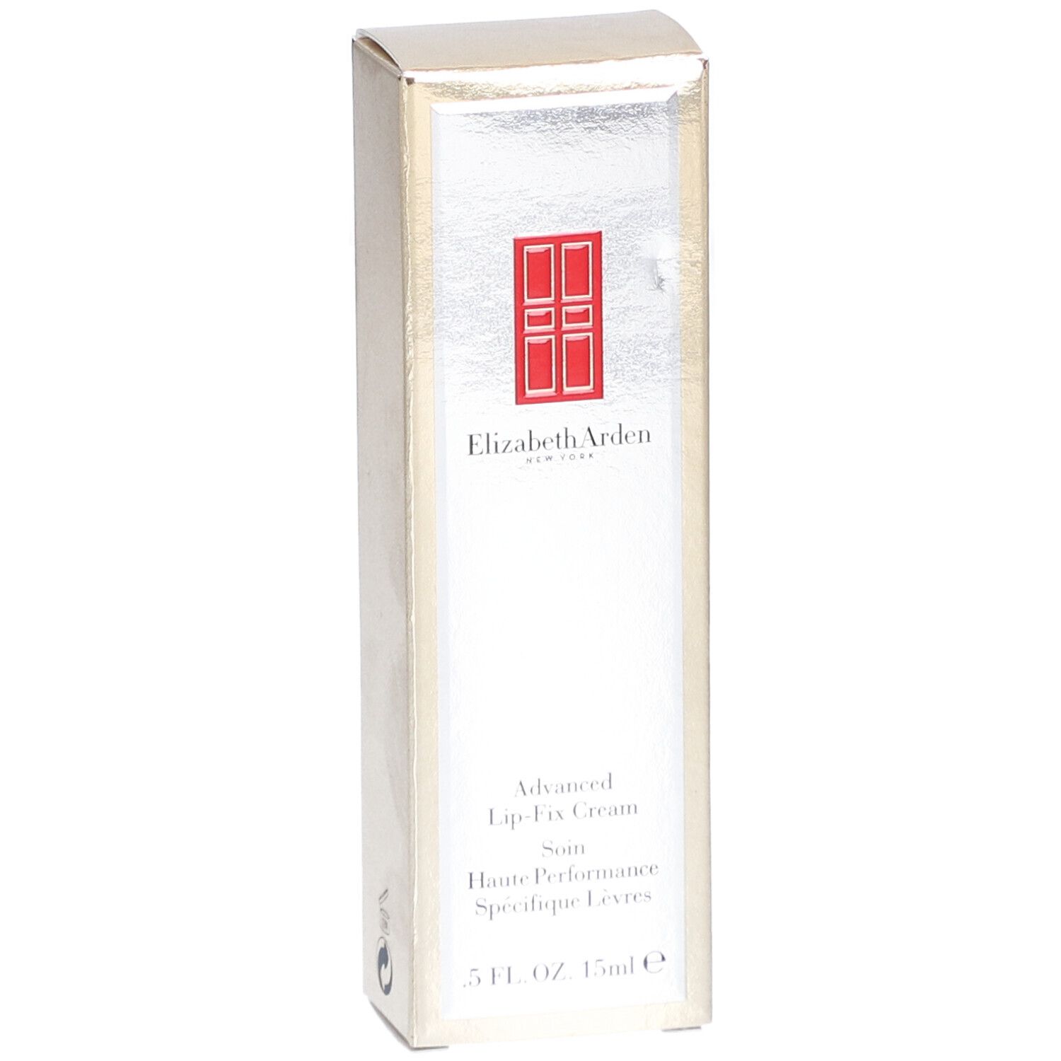 Boîte Elizabeth Arden Advanced Lip-Fix Cream. Face argentée, logo rouge et nom du produit. 15ml.