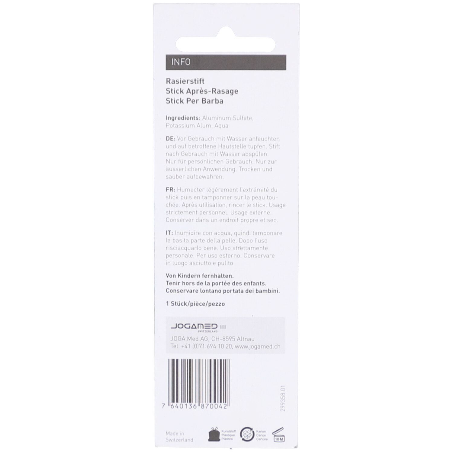 Dos de l'emballage blister. Nom du produit: Rasierstift, Stick Après-Rasage, Stick per Barba. Ingrédients. 1 pièce/pezz.