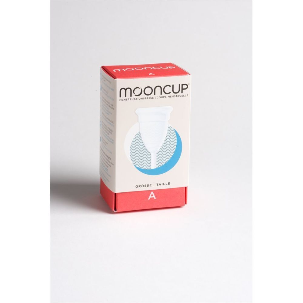 Boîte mooncup®. Tasse menstruelle blanche. Carton beige et rouge. Taille A.