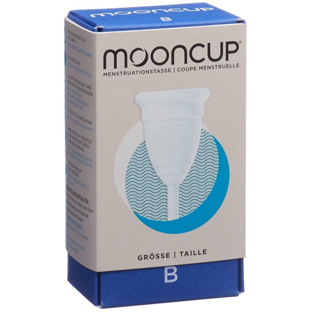 mooncup® Taille B, coupe menstruelle, dans une boîte. Blanc, en silicone. Motif vagues.