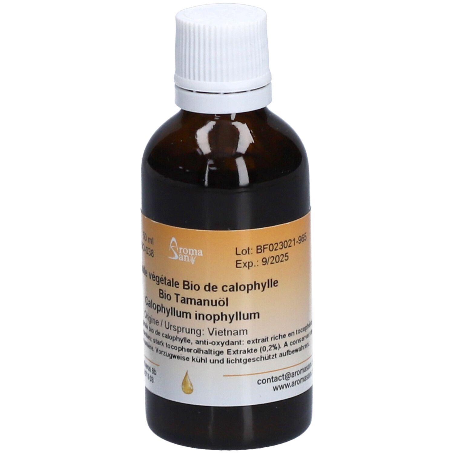 Flacon en verre brun avec bouchon blanc. Étiquette avec informations produit. Huile Aromasan.