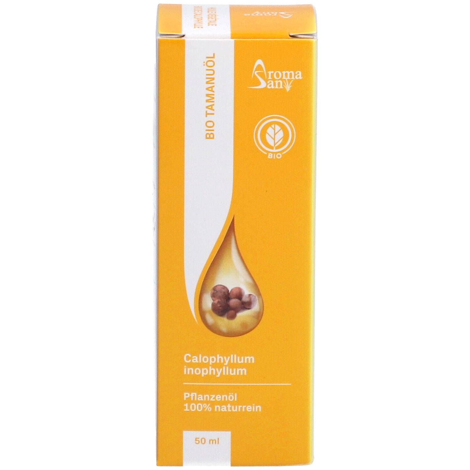 Emballage jaune avec label BIO. Huile Aromasan. Symbole goutte. Informations produit. 50 ml.