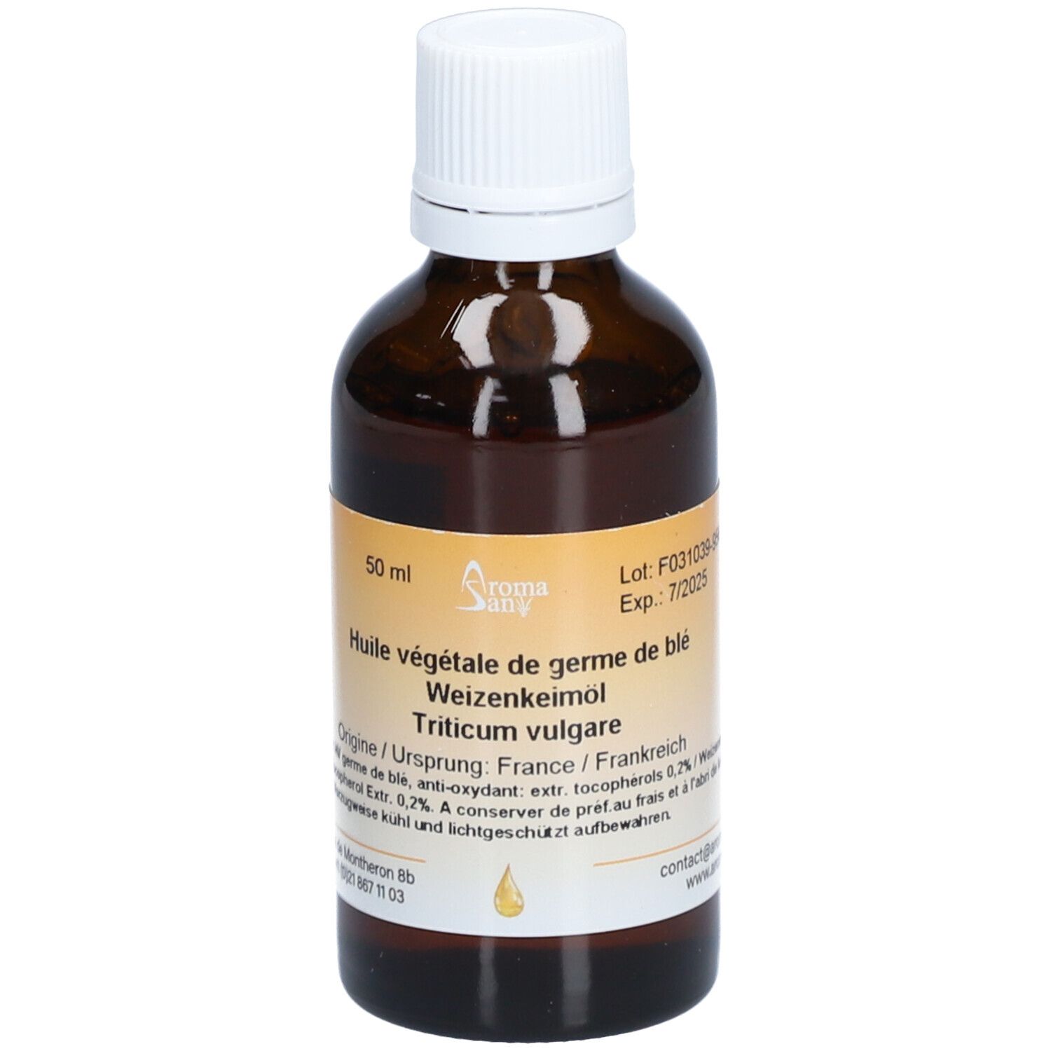 Flacon en verre brun avec bouchon blanc. Étiquette avec informations produit. Inscription: Huile végétale de germe de blé.