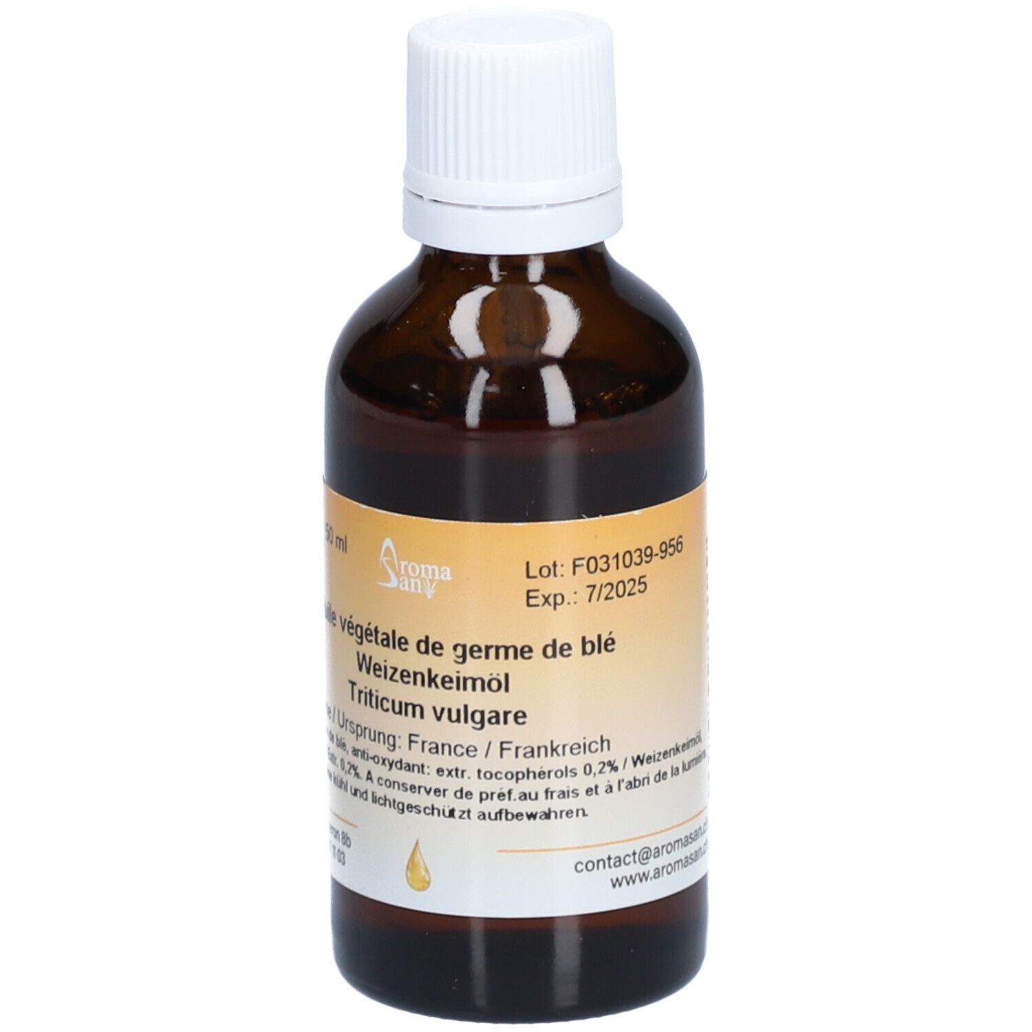 Flacon en verre brun avec bouchon blanc. Étiquette avec informations produit. Inscription: Huile végétale de germe de blé.