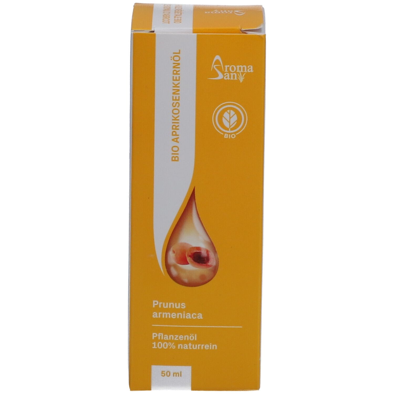 Boîte jaune avec texte: Bio Huile de noyau d'abricot, Aromasan, 50 ml. Symbole de goutte.