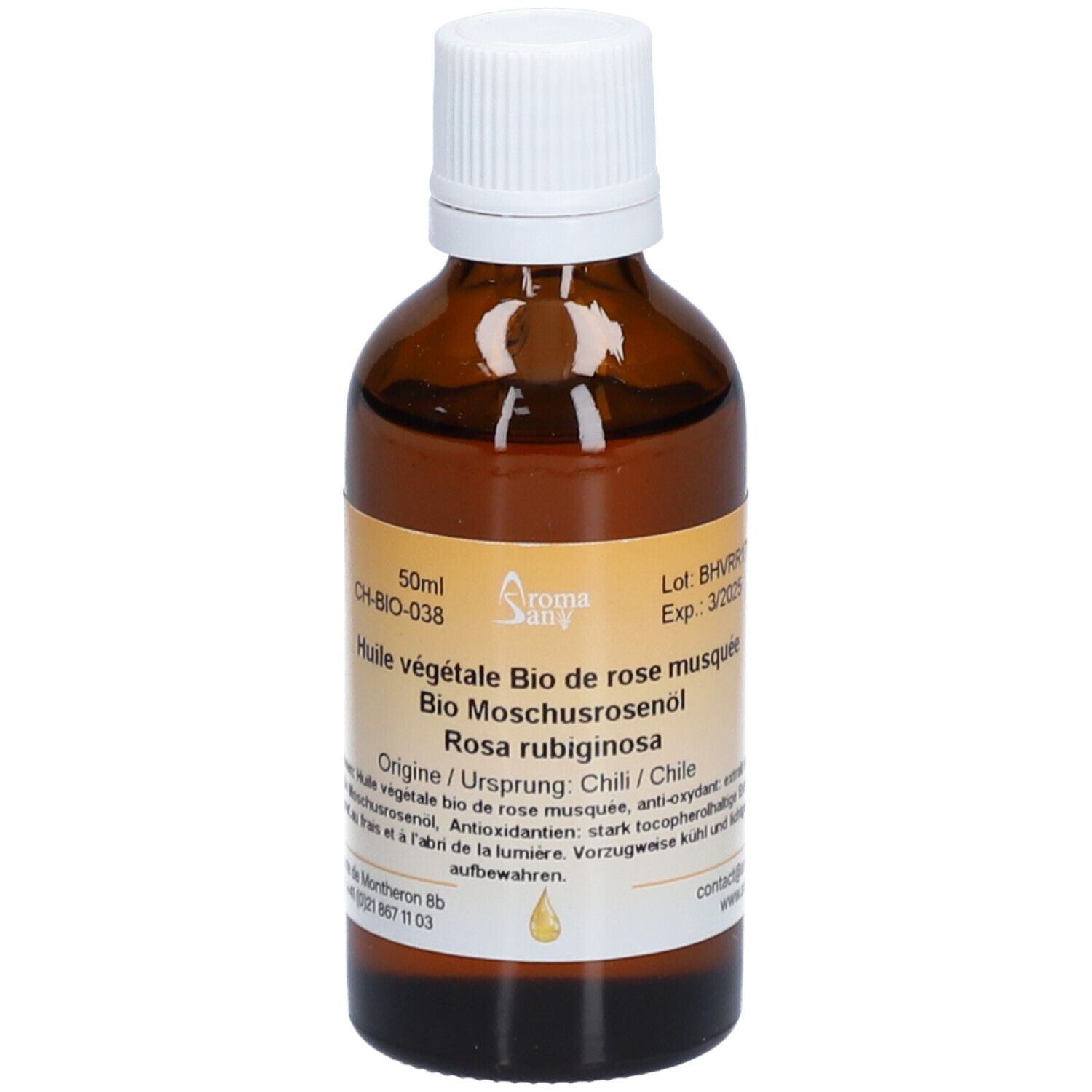 Flacon en verre brun avec bouchon blanc. Étiquette avec informations produit. Inscription: Huile végétale Bio de rose musquée. 50ml.