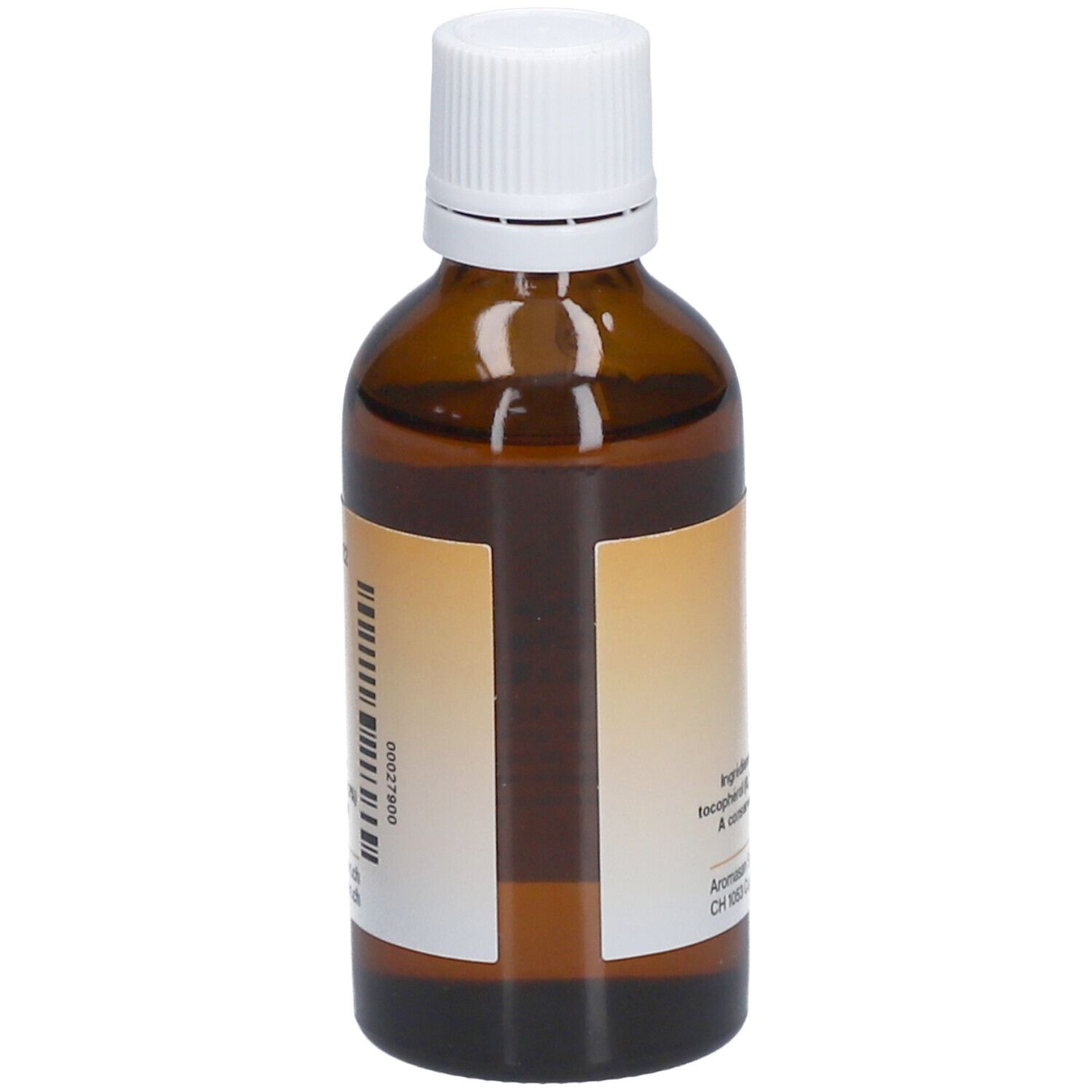 Flacon en verre brun avec bouchon blanc. Dos avec étiquette. Inscription: Ingrédients, adresse. 50ml.