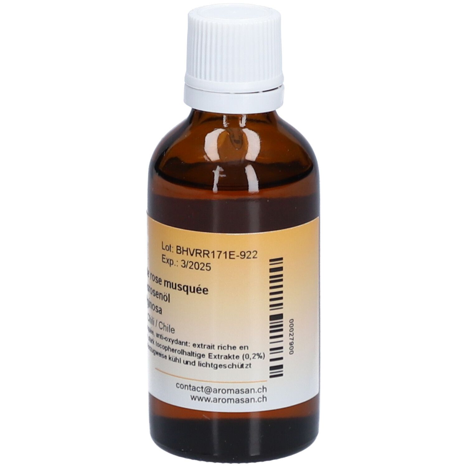 Flacon en verre brun avec bouchon blanc. Dos avec étiquette. Inscription: Bio Moschusrosenöl, adresse, Exp. 3/2025. 50ml.